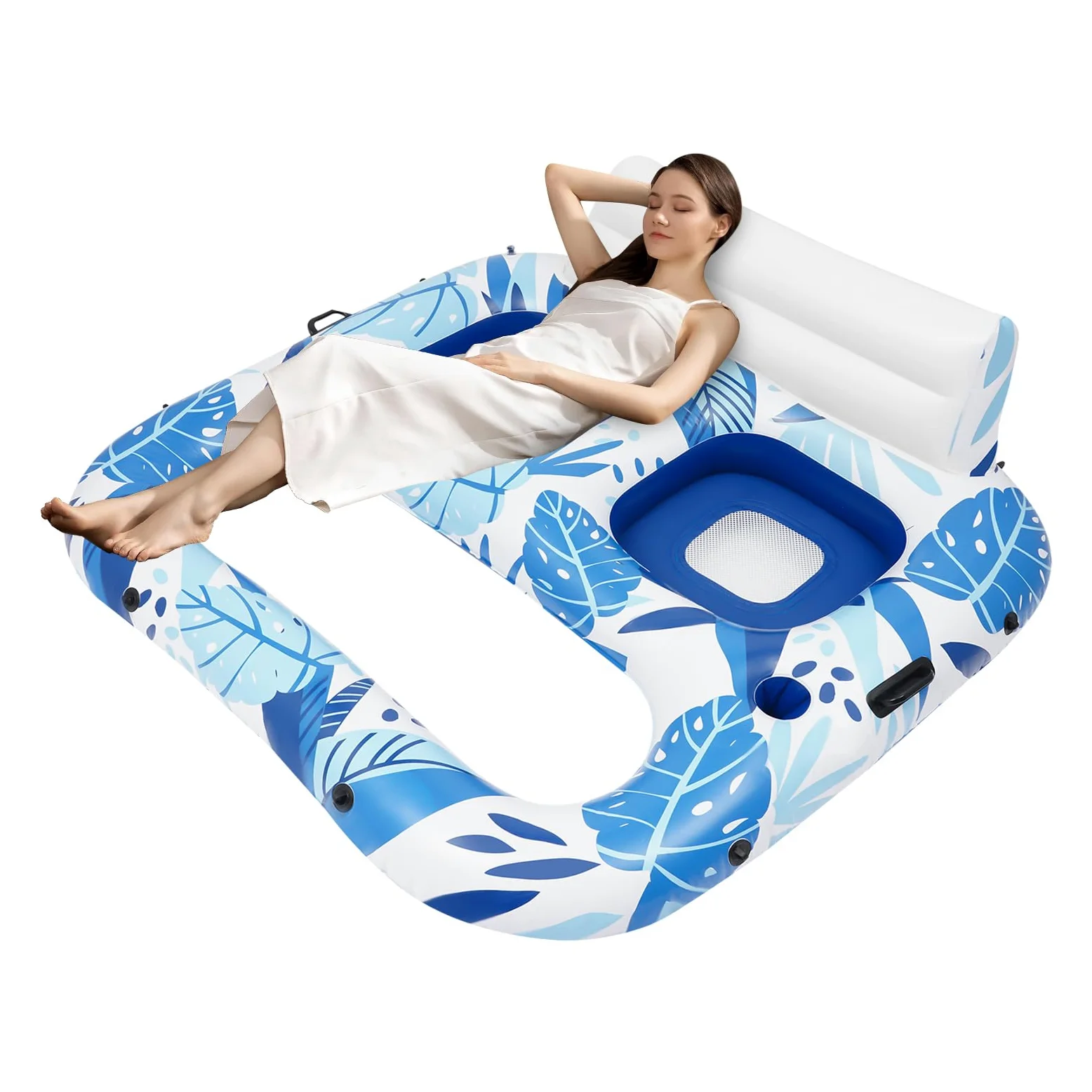 Sillón de piscina hinchable para 2 personas, colchón de aire de vacaciones para adultos con red, silla de piscina grande, tumbona de agua con soporte para bebidas y asa, azul cielo, 165 x 152 x 55 cm