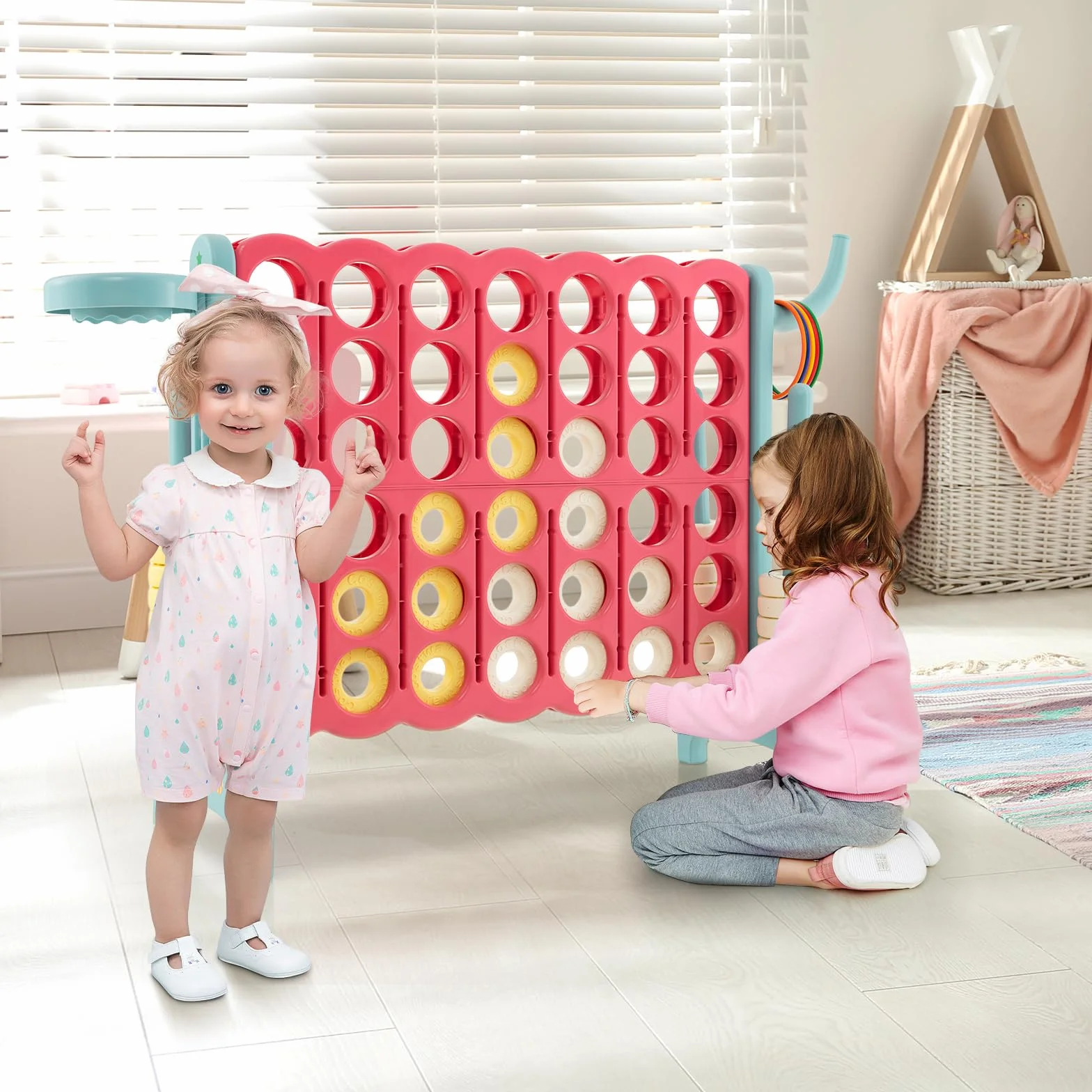 COSTWAY Conecta 4 Gigante, Mega 4 para Niños y Adultos, Juego de Exterior 74 cm con Canasta y Juego de Lanzamiento de Anillos, 42 Piezas Gigantes con Pegitinas y Boloncesto (Rojo y Azul)