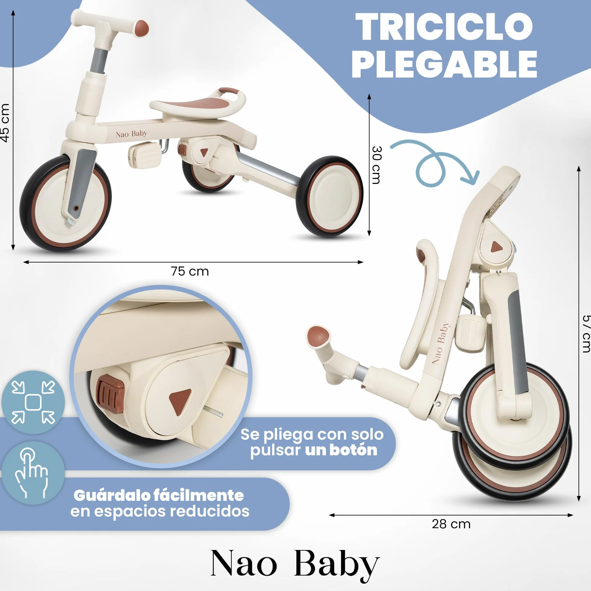 Triciclo Evolutivo Plegable y Ajustable para Bebé y Niño (1-5 Años) con Barra de Empuje Direccional – Ideal como Bicicleta Niño 2 Años, Triciclo Bebé 1 Año y Correpasillos (Sin Capota)