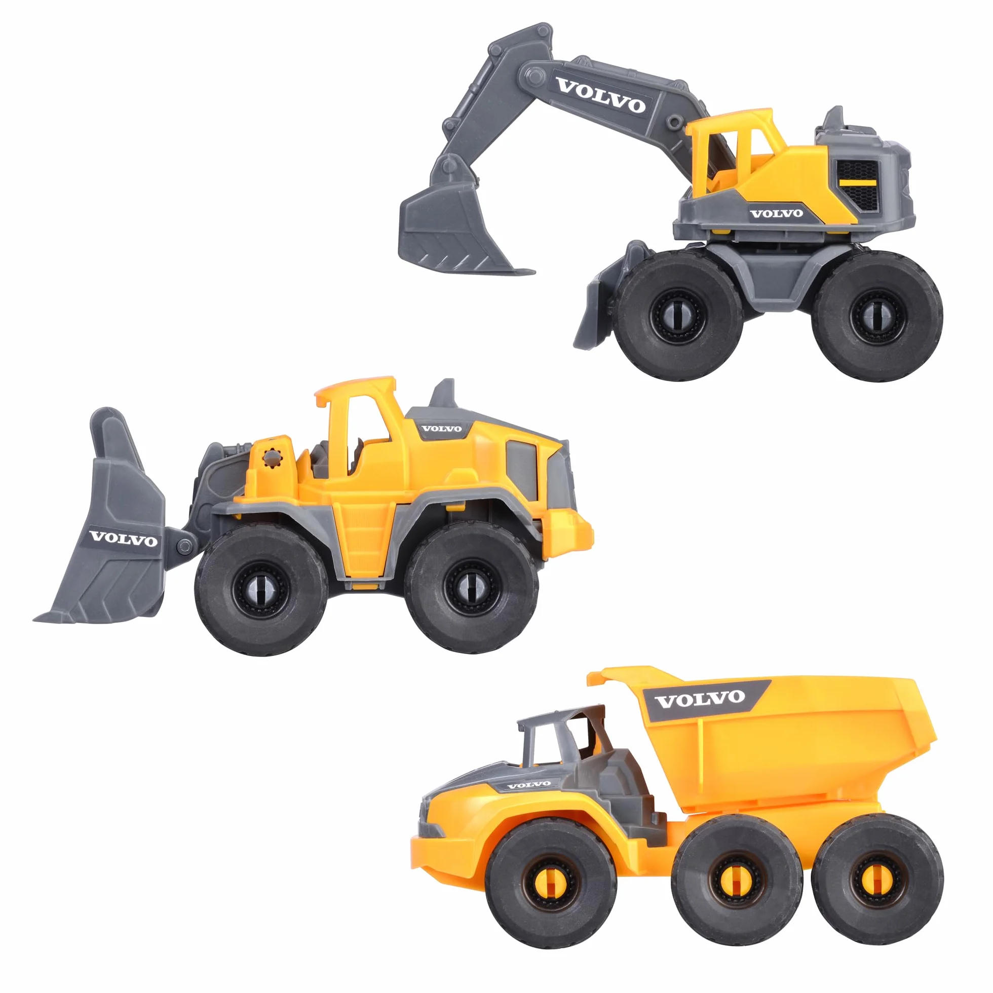 Dickie Toys- Vehículos de Obras Volvo Set Construcción, 3 Vehículos Juguete (Excavadora, Pala cargadora, volquete) para Niños, 16cm, Ruedas Giratorias y Piezas Móviles. A Partir de 3 años (203722015)