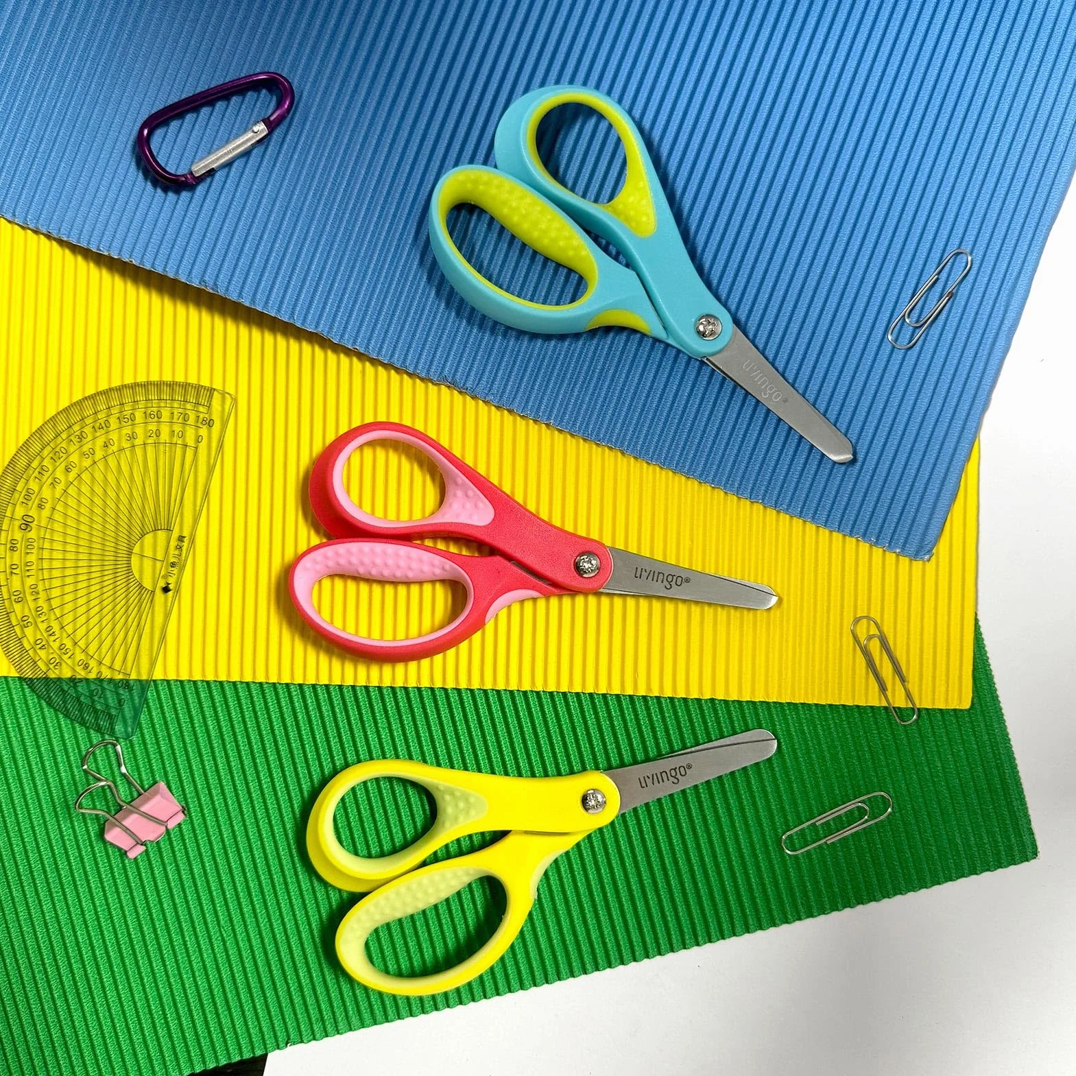 LIVINGO Tijeras para zurdos, 12,7 cm, punta roma, acero inoxidable, tijeras de seguridad para niños, niños pequeños, aulas, papel de manualidades, amarillo, rosa, azul, paquete de 3