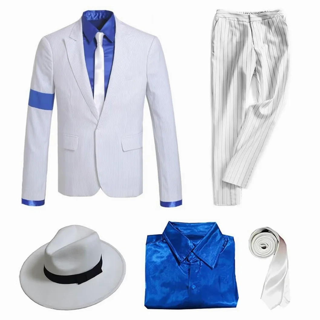 Niños Adulto Disfraz Jacket Chaqueta+Pantalones+Shirt+Sombrero+Tie Ropa Costume Stripes Smooth Y Criminal Halloween Navidad Cosplay Fiestas Retro Hombre Trajes(Blanco,H:130-140CM,W:27-34KG)