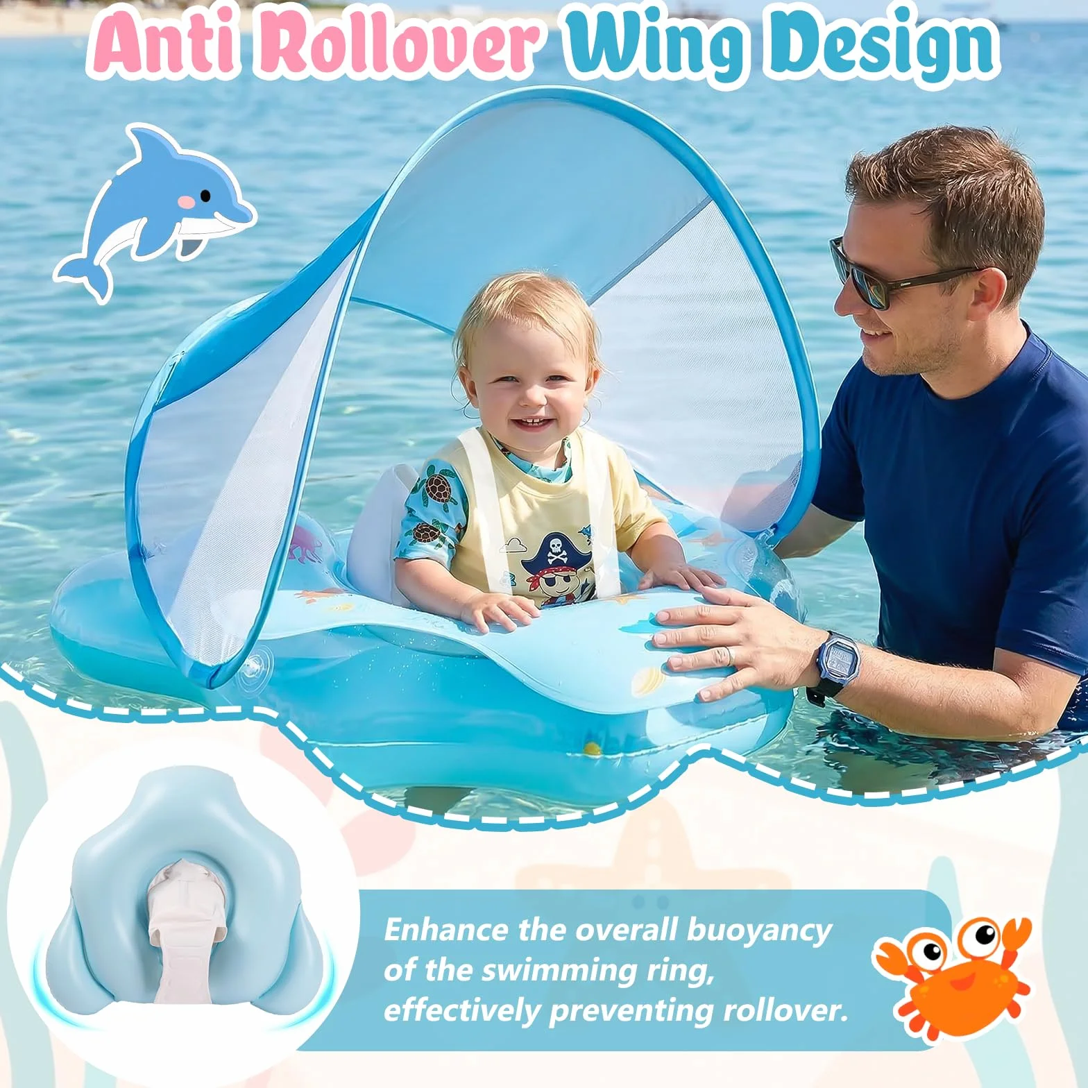Ninonly Flotador Bebe con Sombrilla UV UPF 50+ Inflable Protección Solar Antivuelco Piscina Bebe Asiento Respaldo 12-36 Meses