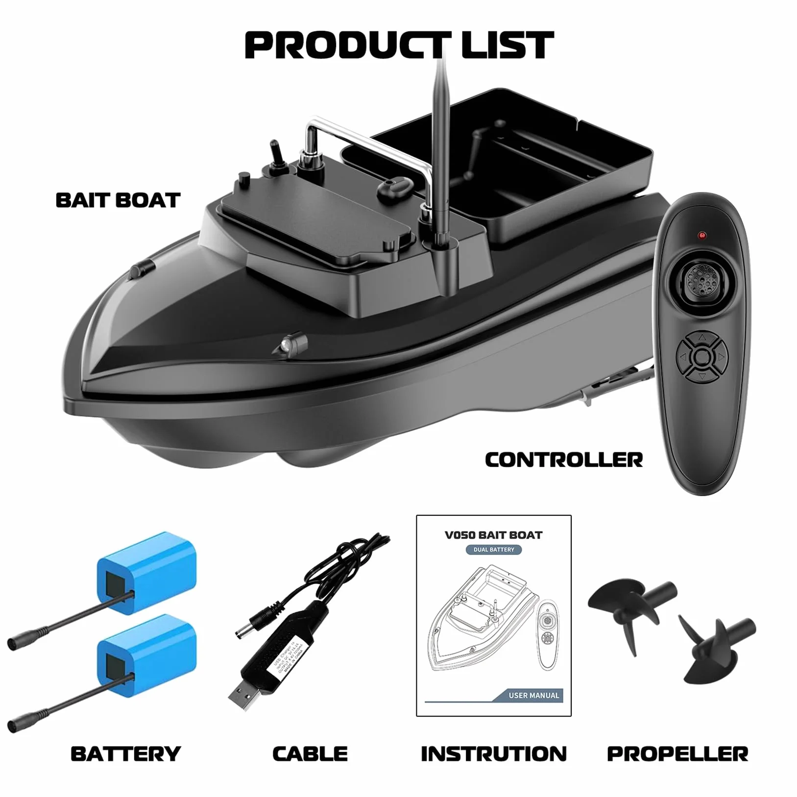 Bote de Pesca 500 m, Barco de Pesca RC, 2 kg, Carga con Bolso, Dispositivo alimentador de Peces, 500 m, Distancia de 2 kg, Cebo, Carga, Mando a Distancia, Barco (Verde) (Negro)