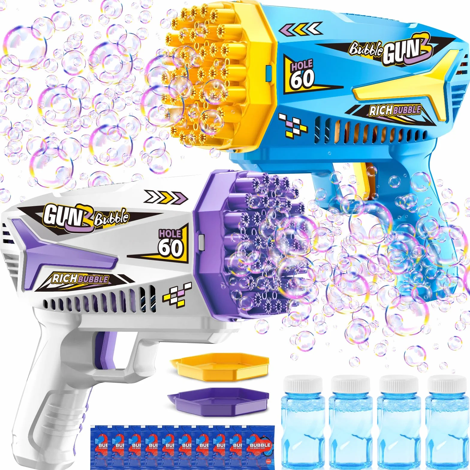 Pistola de Burbujas, 2 Piezas Máquina Automática Pompas de Jabón, con 4 Botellas de solución, 10 Packs Solución de Recarga de Burbujas, para Niños, Adultos, Juguete de Verano
