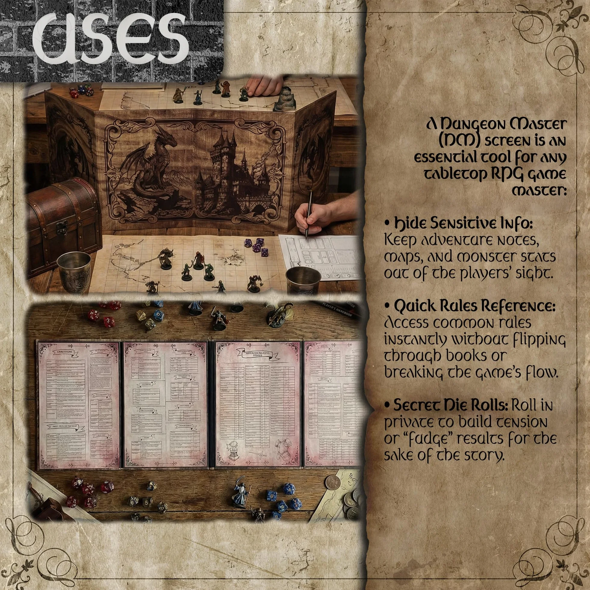 Pantalla Dungeon Master - DOJA Hobbies - DM Screen Plegable 4 Paneles Acabado Liso, con Bolsillos y Plantillas Incluidas Personalizables, Accesorio para Dungeons and Dragons y Juegos de rol