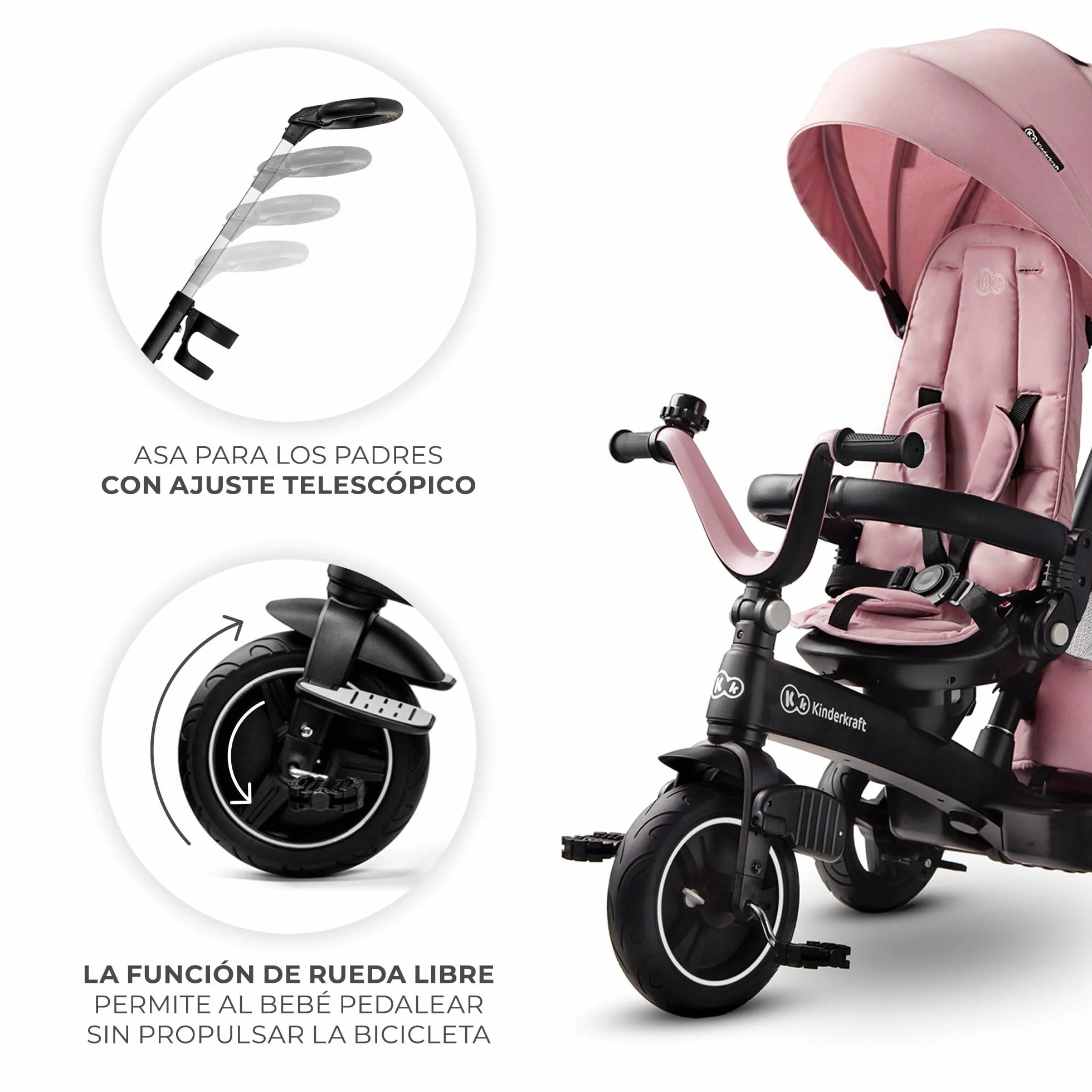 Kinderkraft EASYTWIST Triciclo Infantil, con Accesorios, Ventana de Techo, Cinturones de Seguridad, rotación de 360 Grados, Rueda Libre, Barra de Empuje, a Partir de 9 Meses hasta 5 años, Rosa