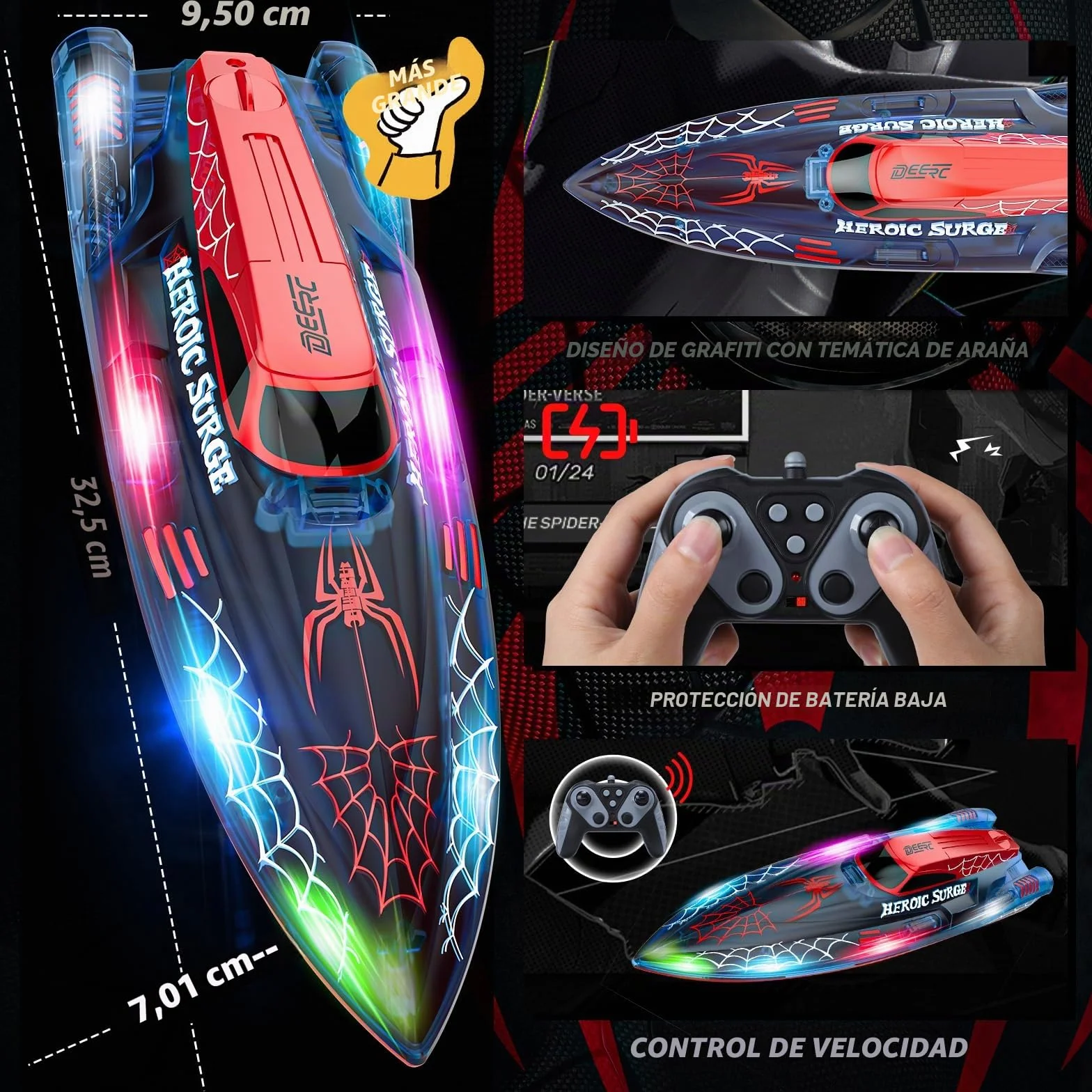 DEERC Barco teledirigido de 13 Pulgadas para niños, Barco araña teledirigido de 2,4 GHz con Luces LED para Piscinas y Lagos, Juguete acuático de Verano para niños de 8 a 12 años, 2 Pilas