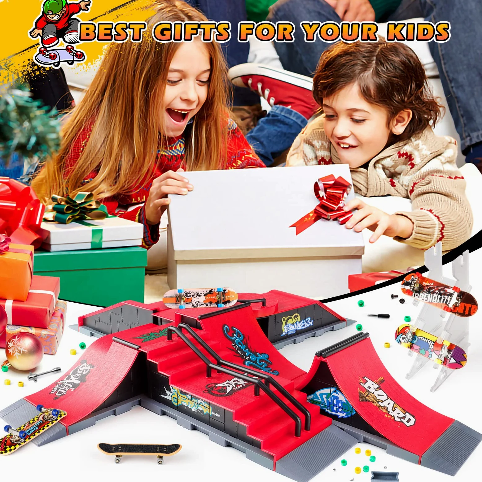 KETIEE 6 Piezas Finger Skate Park Kit Juego de minimonopatín de Dedo con rampa y Otros Accesorios Diapasón de rampa Parque Juguete para Niños (6 IN 1)