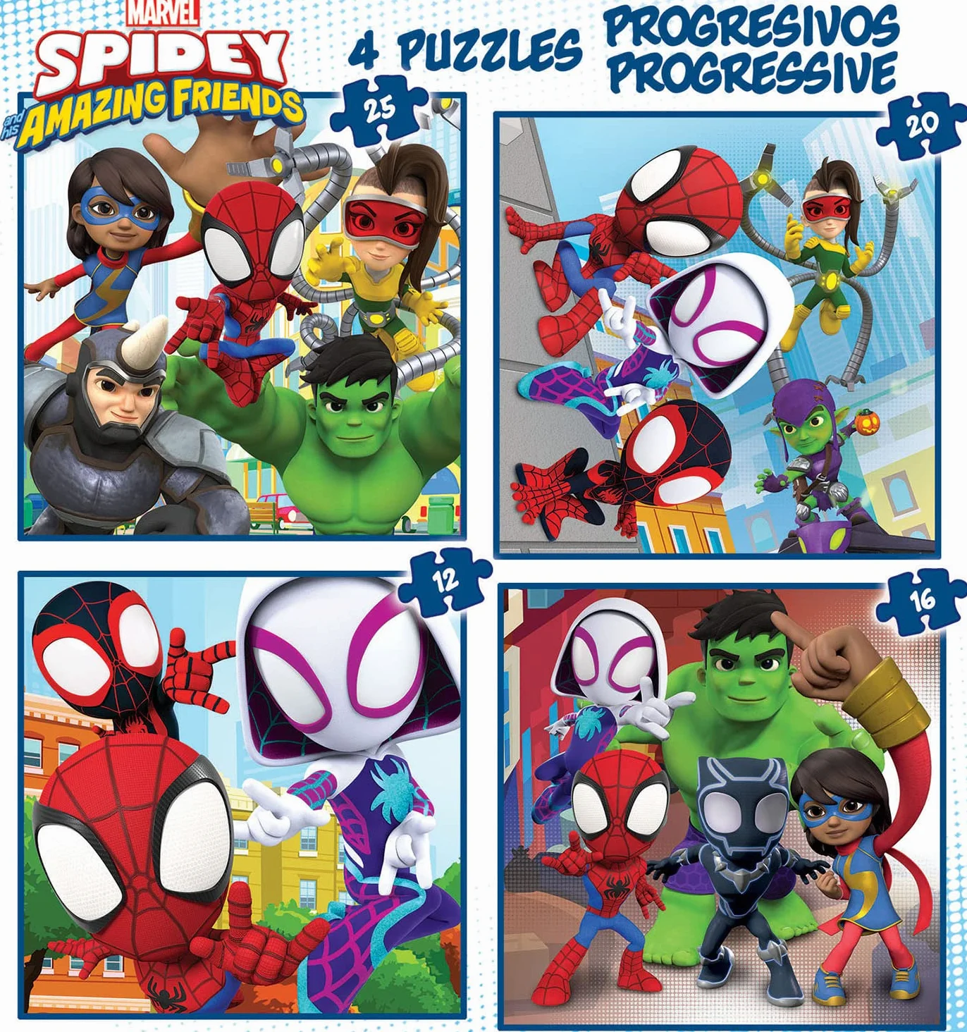 Educa - Progresivos Spidey and His Amazing Friends 12-16-20-25 4 Puzzles progresivos de cartón con 12-16-20-25 Piezas Medida aproximada de Cada Puzzle 16 x 16 cm A Partir de 3 años (19295)