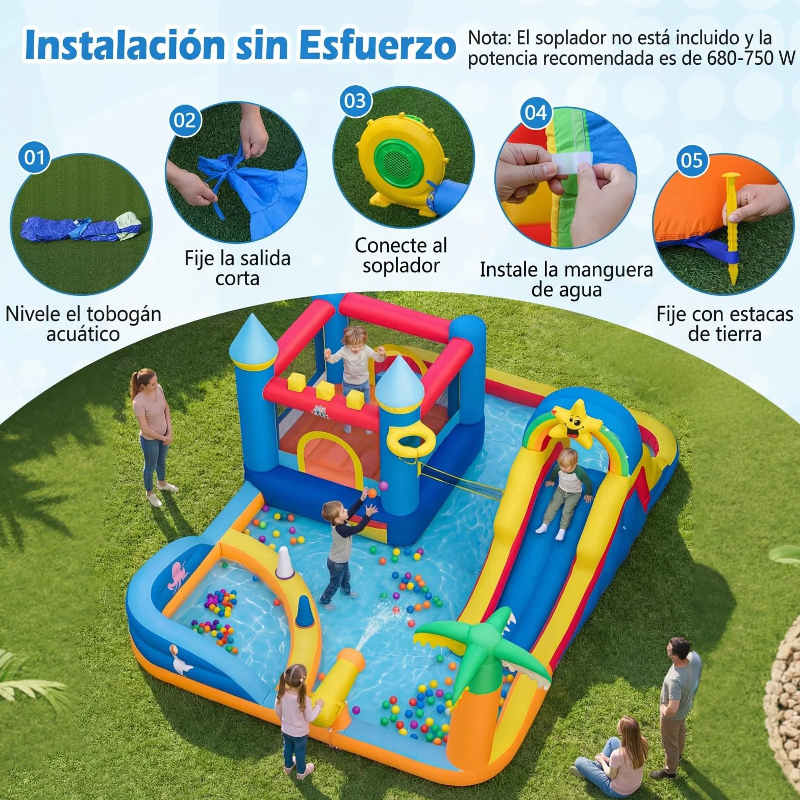 COSTWAY Castillo Hinchable, Parque Infantil con Temática de Playa con Muro de Escalar, Cañón de Agua, Pelotas Oceánicas, Fútbol, Baloncesto, Voleibol, Castillo Inflable al Aire Libre (sin soplador)