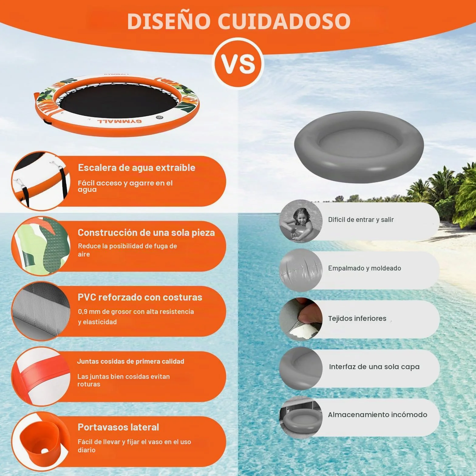 Plataforma Flotante Inflable Colchoneta Piscina 240 cm, Anillo Sunchill, Floating Yoga Dock Isla Flotante Hamaca Acuática Flotador Reposera con Escalera y Portavasos
