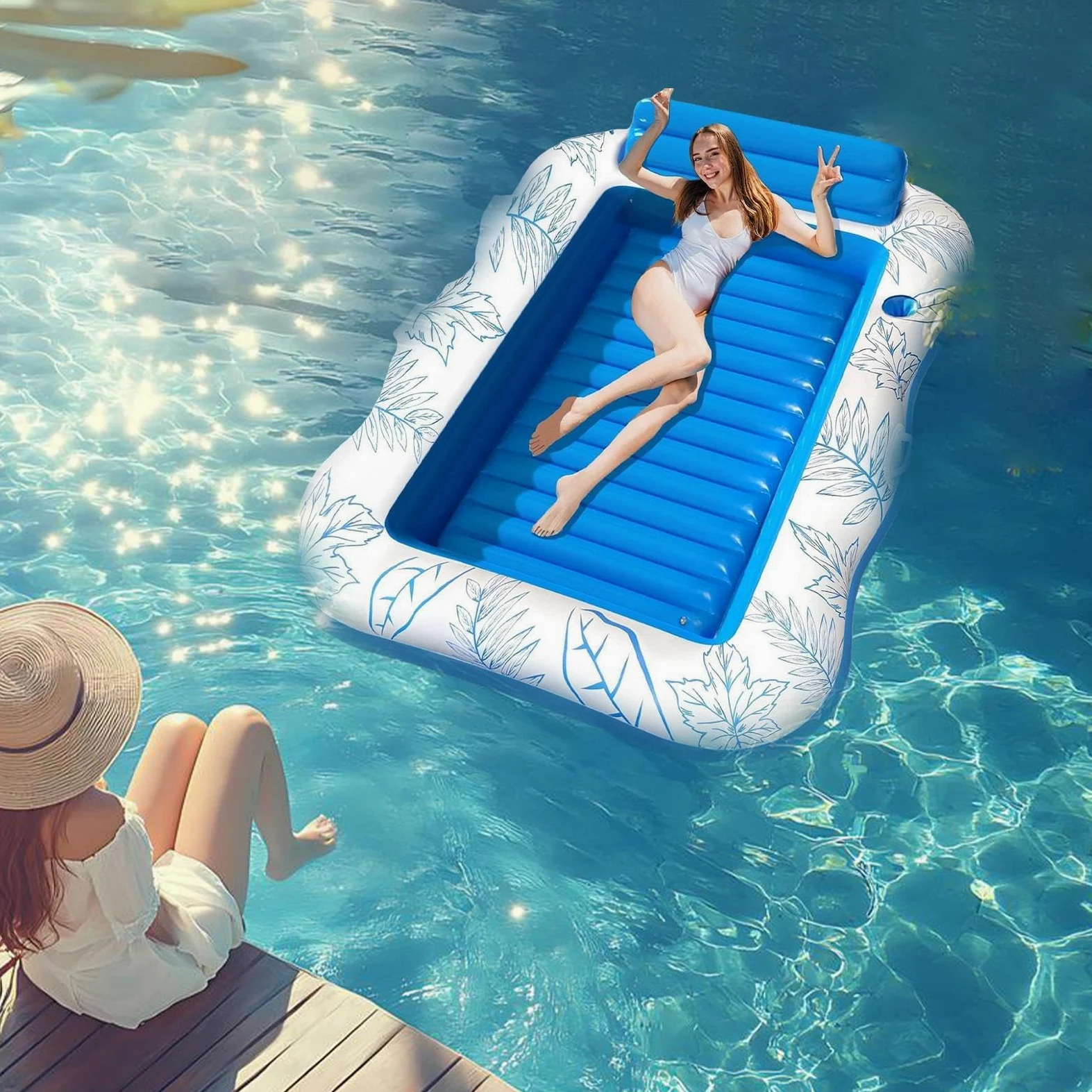 Balsa de piscina al aire libre: colchón de natación inflable de 120 x 190 cm, silla de adulto con portavasos incorporado, silla de piscina flotante para mayor comodidad | Raft de aire para playa lago