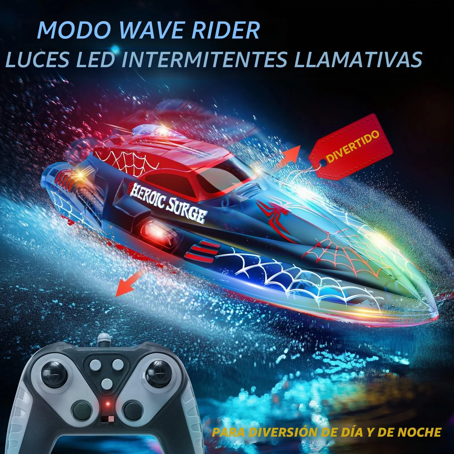 DEERC Barco teledirigido de 13 Pulgadas para niños, Barco araña teledirigido de 2,4 GHz con Luces LED para Piscinas y Lagos, Juguete acuático de Verano para niños de 8 a 12 años, 2 Pilas