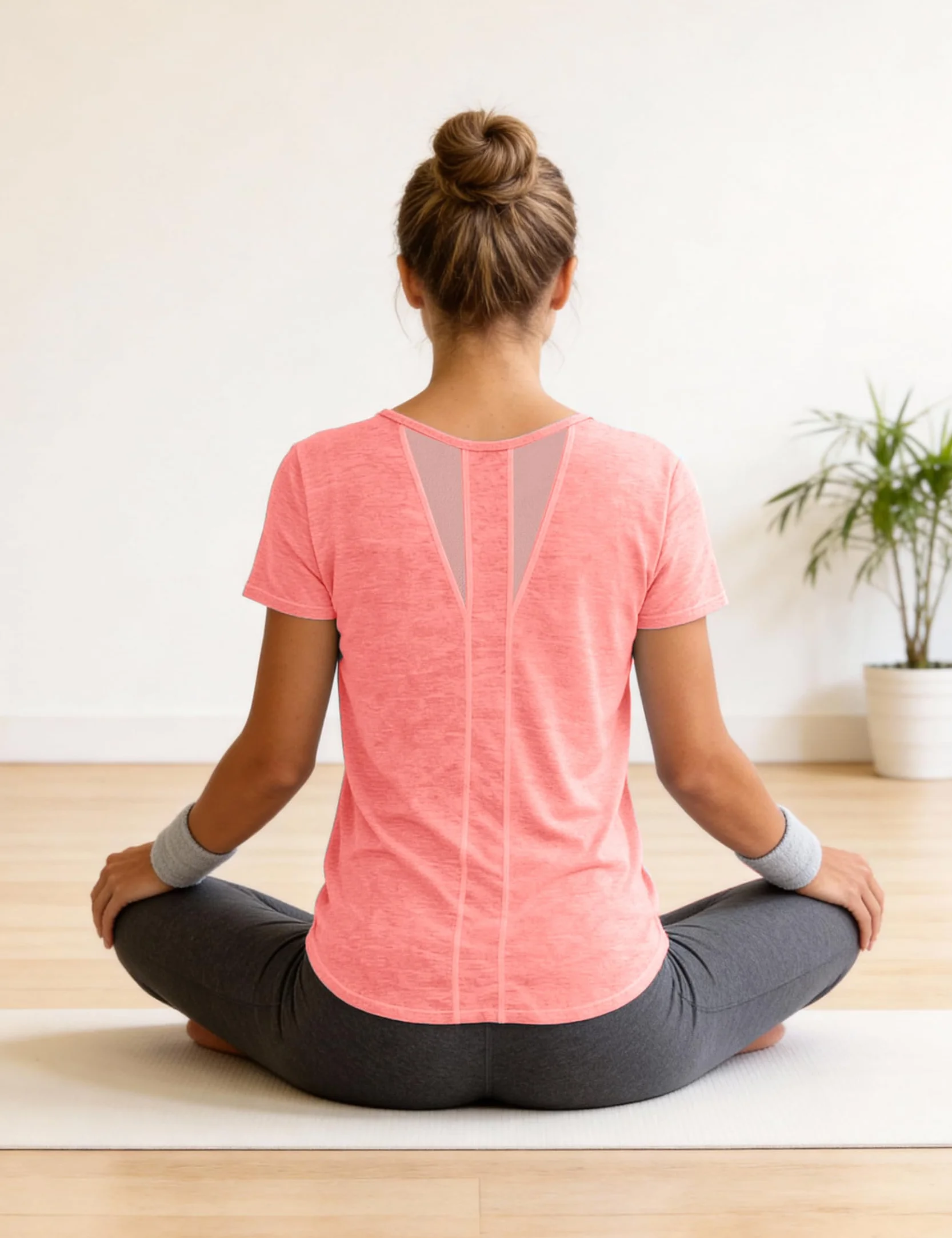 Camiseta Deportiva Mujer Manga Corta Cuello Redondo Secado Rápido Top Malla Transpirable Yoga
