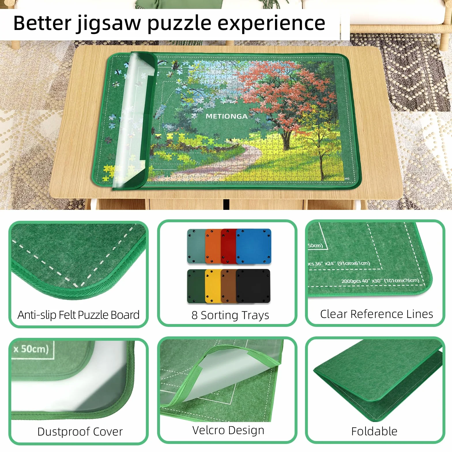 Tablero de Rompecabezas Plegable de 2000 Piezas, Tapete Puzzle Portátil con 8 bandejas Coloridas y Cubierta, Mesa de Puzzle portátil y Ligera de Rompecabezas con líneas auxiliares