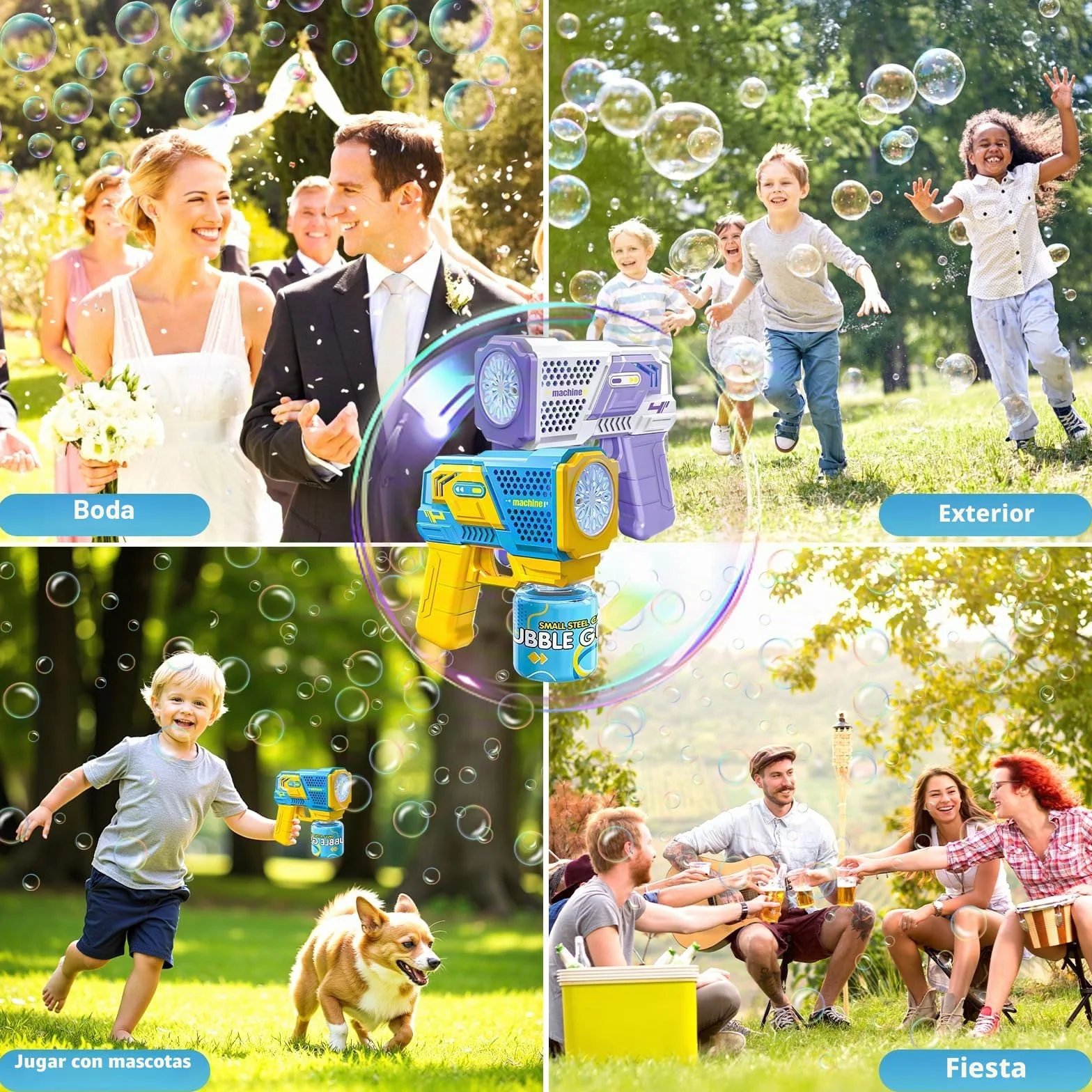 2 Pistolas de Burbujas para Niños, Máquina Automática de Burbujas LED de Jabón 10000+ Burbujas con 4 Soluciones (90 ml), Juguete de Verano, Regalos para Cumpleaños Fiestas, Aire Libre Bodas