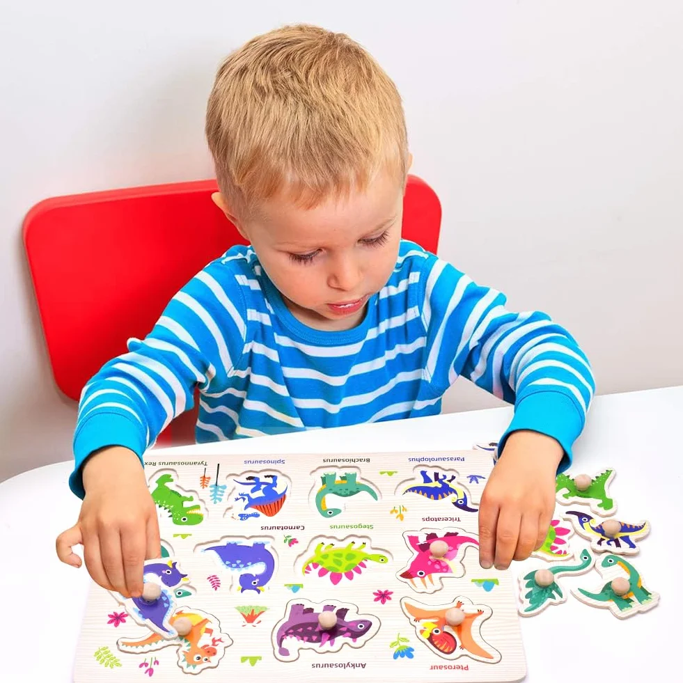 Dinosaurios Puzzle de Madera, Dinosaurios Rompecabezas de Madera Juegos, Puzzle Madera Infantil, Motricidad Fina y Concentración, Juguetes Bebes Educativos Regalos para Niños Niñas