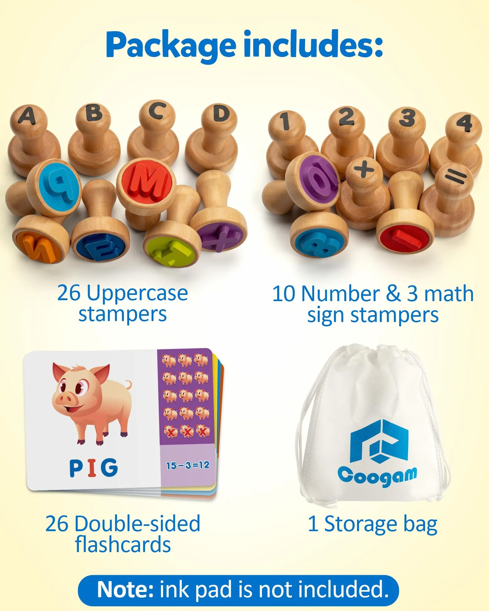 Coogam Tarjetas de Selección de Alfabeto de Madera y Sello Digital, ABC y Aprendizaje de Matemáticas, Arte y Artesanía, Juguetes Montessori Educativos Regalos para 3-5 Años