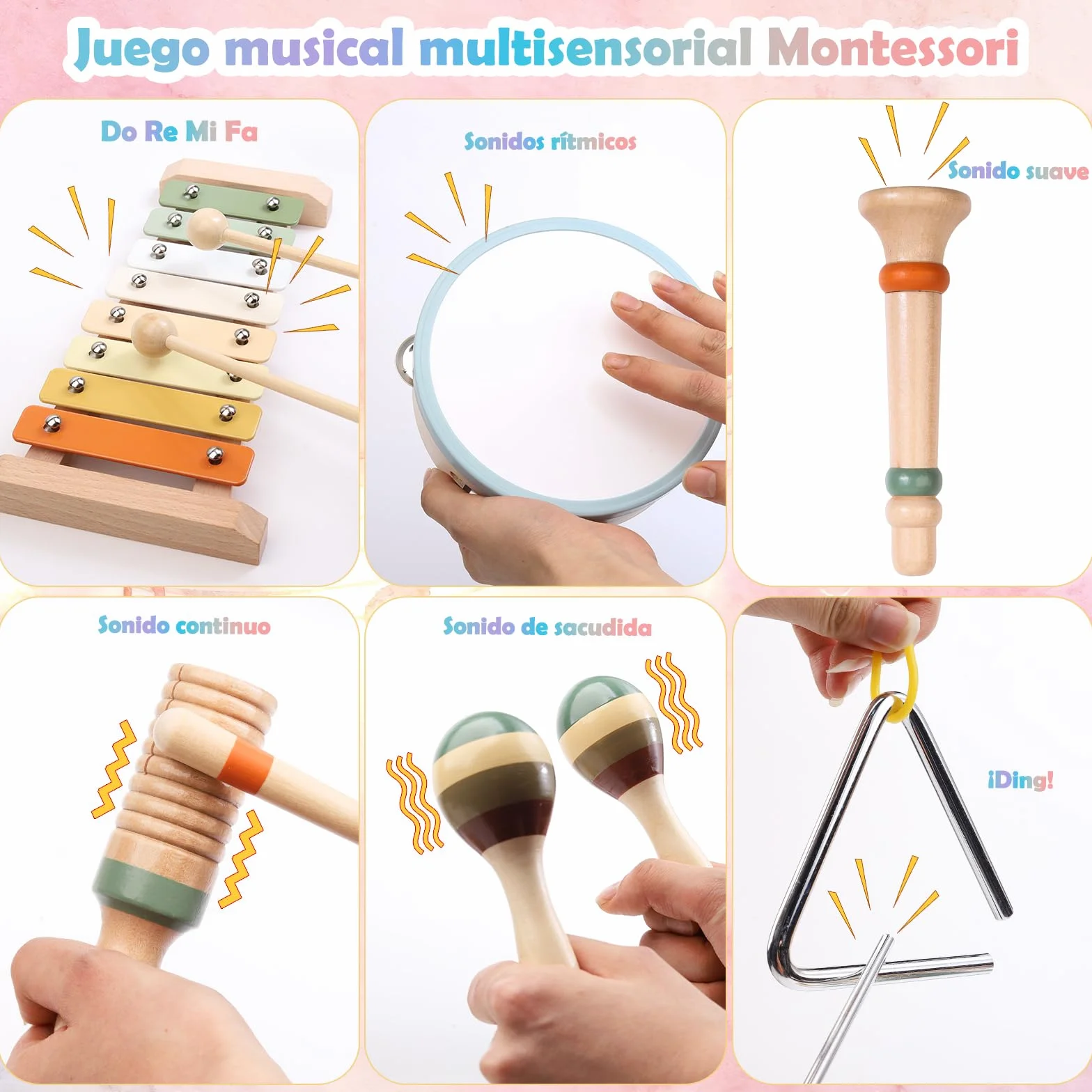 Instrumentos Musicales de Madera para Niños de 3 4 5 Años, Set Montessori de 12 Piezas con Xilófono, Pandereta, Maracas, Triángulo y Güiro, Percusión Infantil