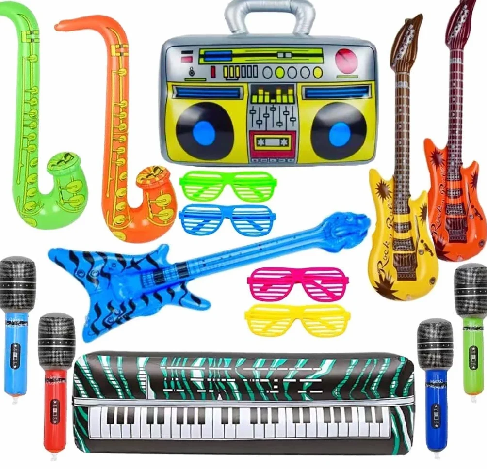 16pcs Juegos de Instrumentos inflables,Juego Estrella de Rock Inflable,Guitarra Inflable, micrófono saxofón, Gafas de Sol, Accesorios de Fiesta inflables