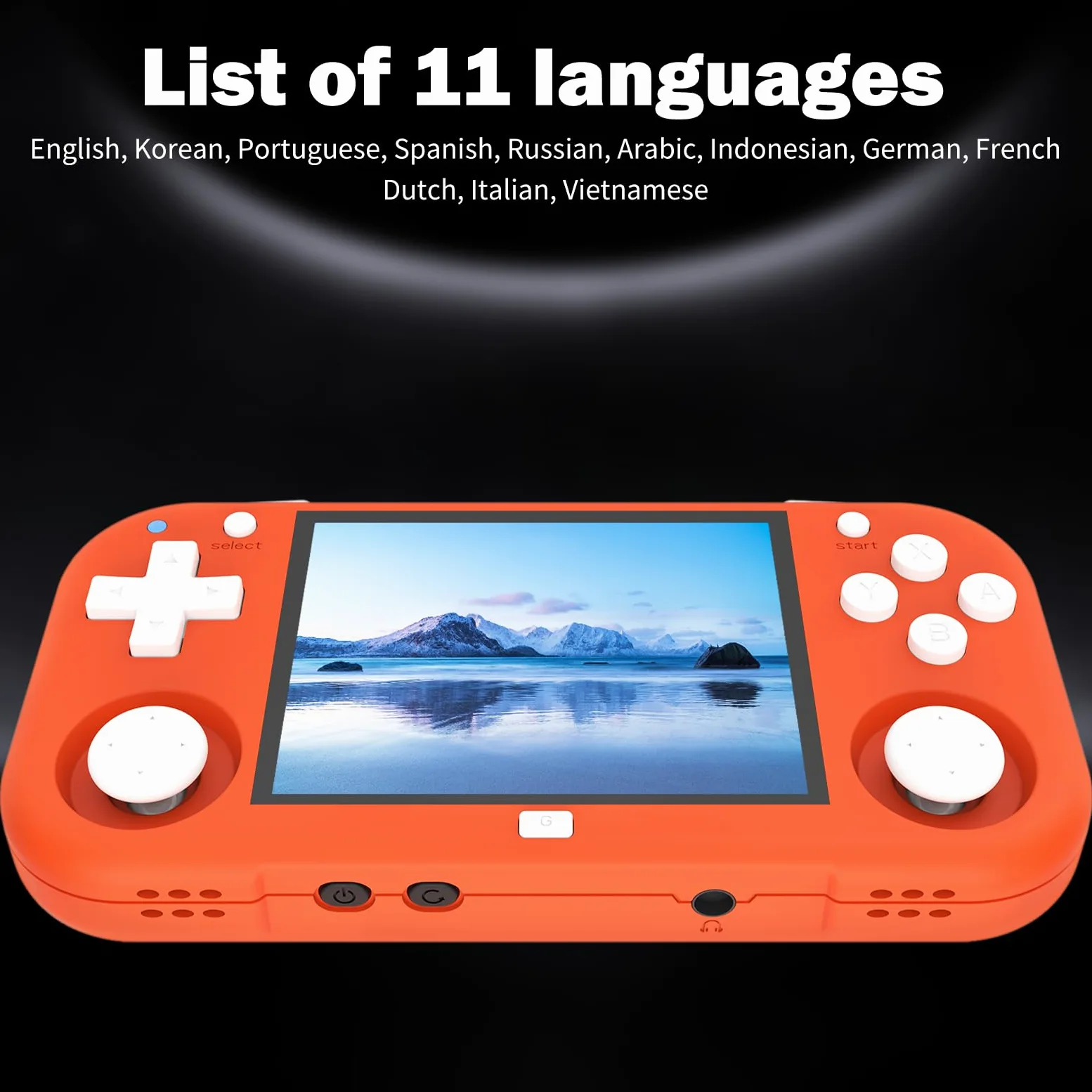 XU Mini M - Consolas de juegos de mano retro, pantalla IPS de 2.8 pulgadas, tarjeta TF de 64 G integrada, con batería de 2600 mAh, duración de 6 horas, color naranja