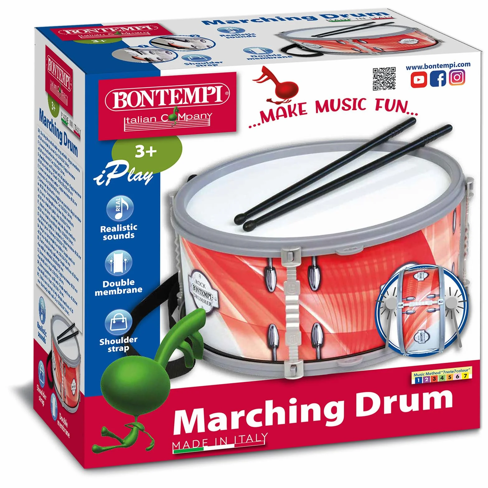Bontempi | BeatMaster – Tambor con Doble Membrana, Correa y Varillas de 25 cm para una Experiencia rítmica Completa, Rojo, 25 x 25 x 12 cm