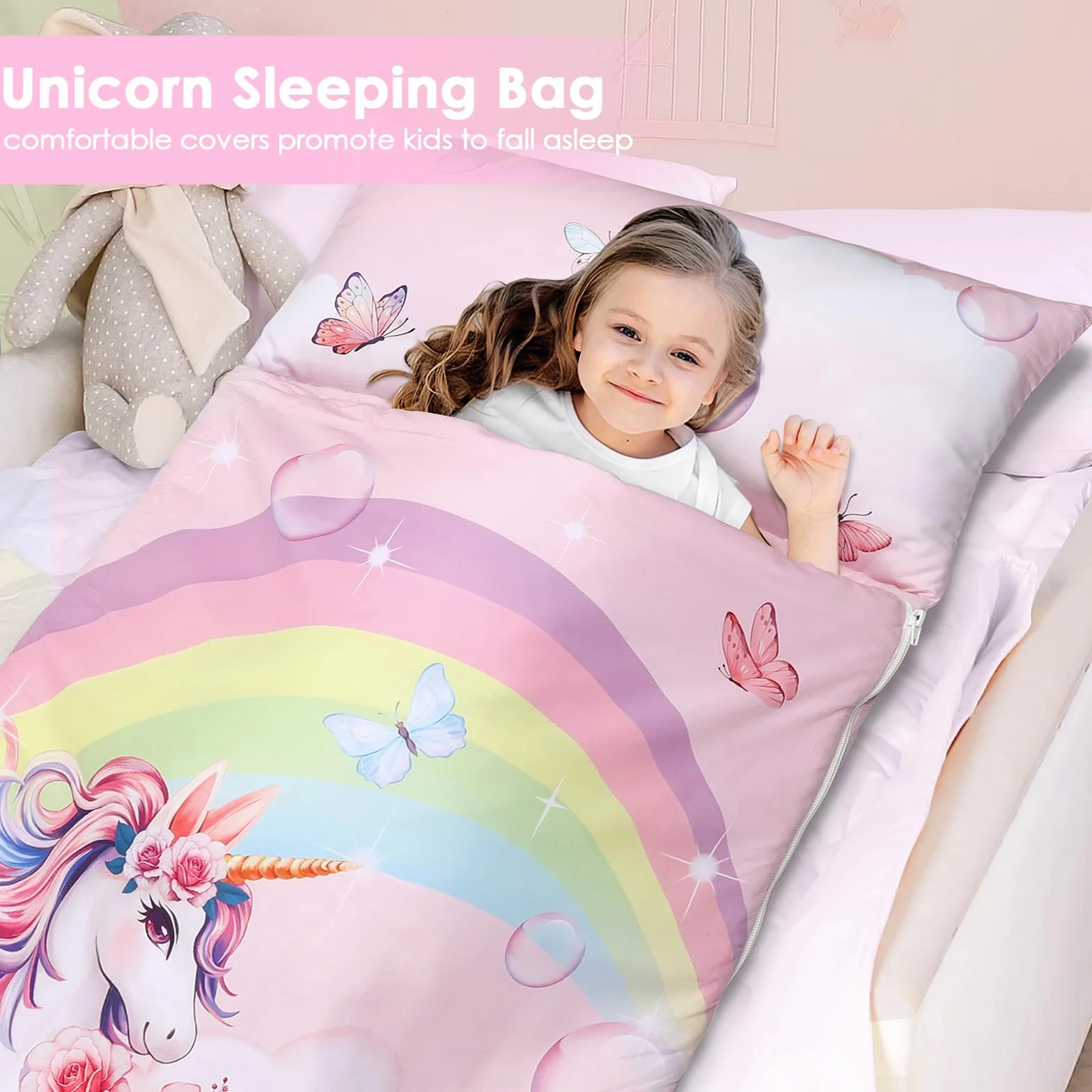 Tamaño Grande Saco de Dormir Infantil con Almohada Extraíble 170×75cm, Cálida Plegable Alfombrilla de Siesta para Niños y Niñas, Bolsa de Dormir con Cremallera para Camping Siesta