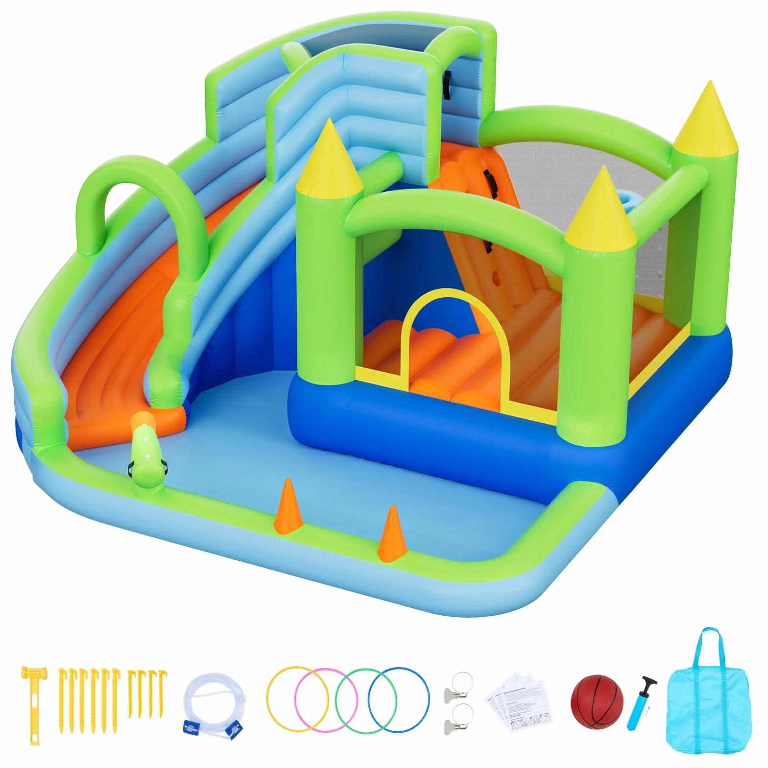 VEVOR Castillo Hinchable 344 x 374 x 213 cm, Parque Infantil Inflable con Tobogán Acuático, Aro de Baloncesto, Piscina de Chapoteo y Lanzamiento de Aros de Agua para 3 a 4 Niños de 3 a 8 Años