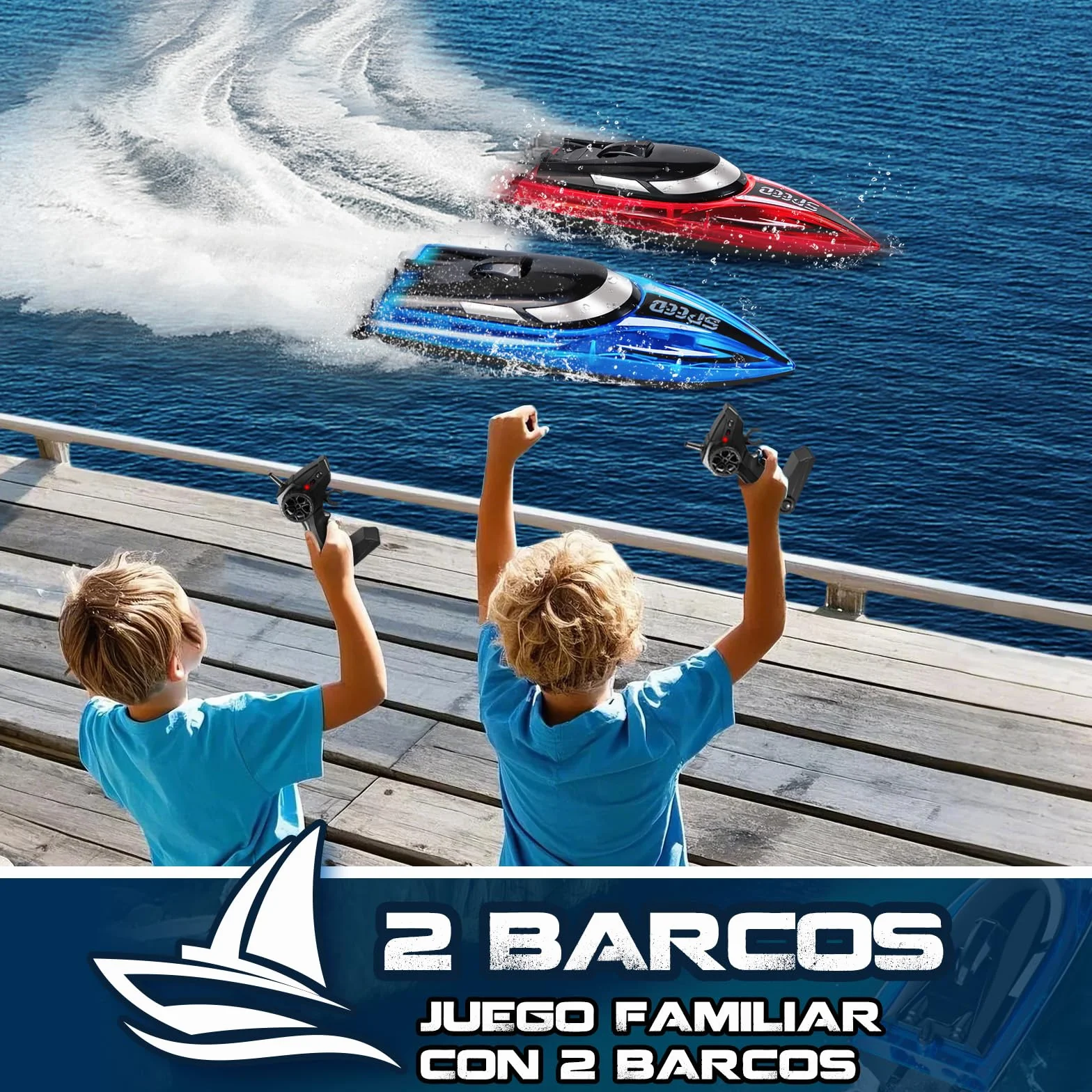 JONRRYIN Barco Teledirigido 2 Piezas, 2.4GHz Barcos Teledirigidos con Luces LED y Alarma de Batería Baja, Barcos RC Regalo para Niños y Adulto (Rojo+Azul)