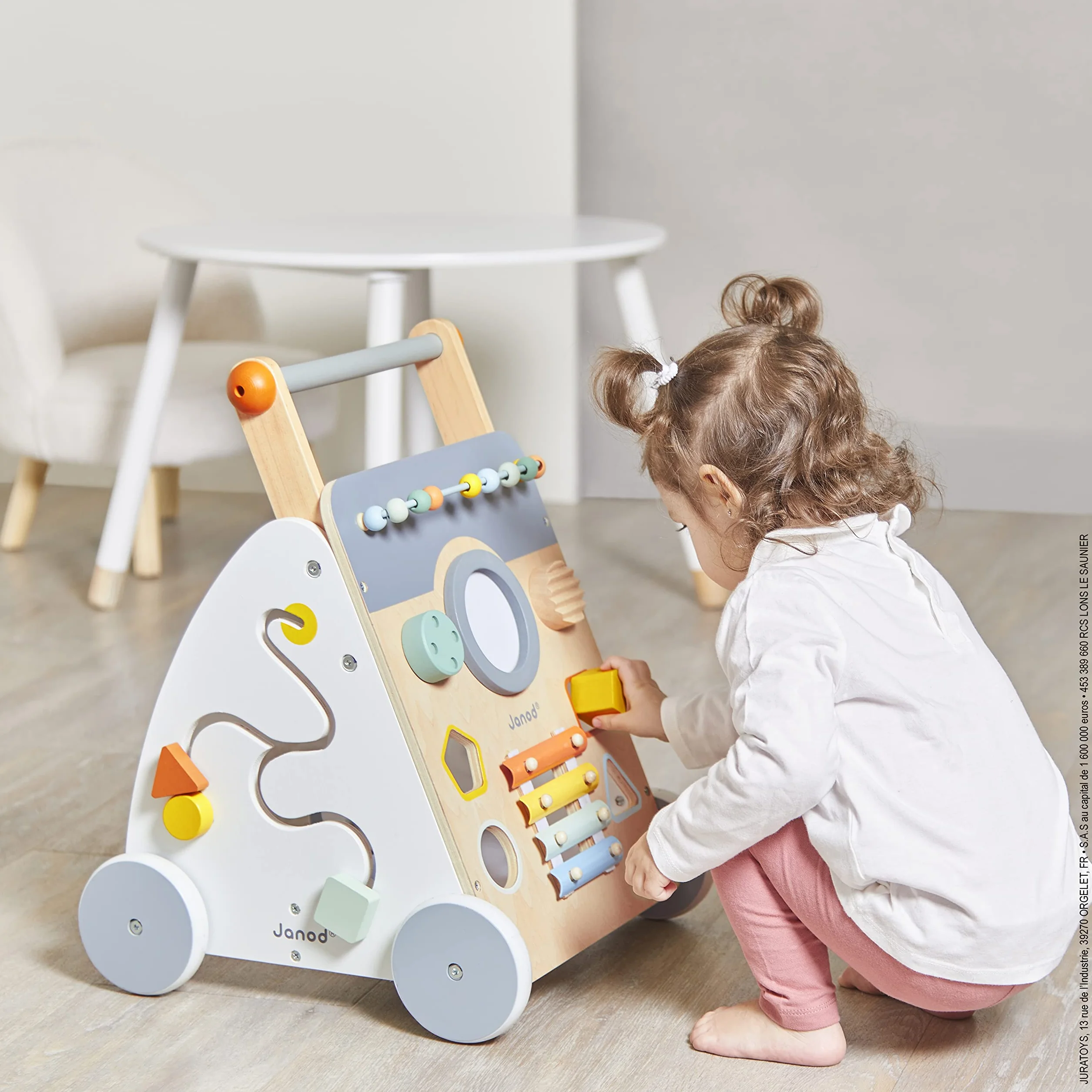 Janod - Carro Multiactividad Sweet Cocoon - Carro de Madera para aprender a caminar - 9 Actividades - Ruedas Silenciosas, Pintura al Agua - Juguete Infantil Adaptable desde los 12 meses, J04410