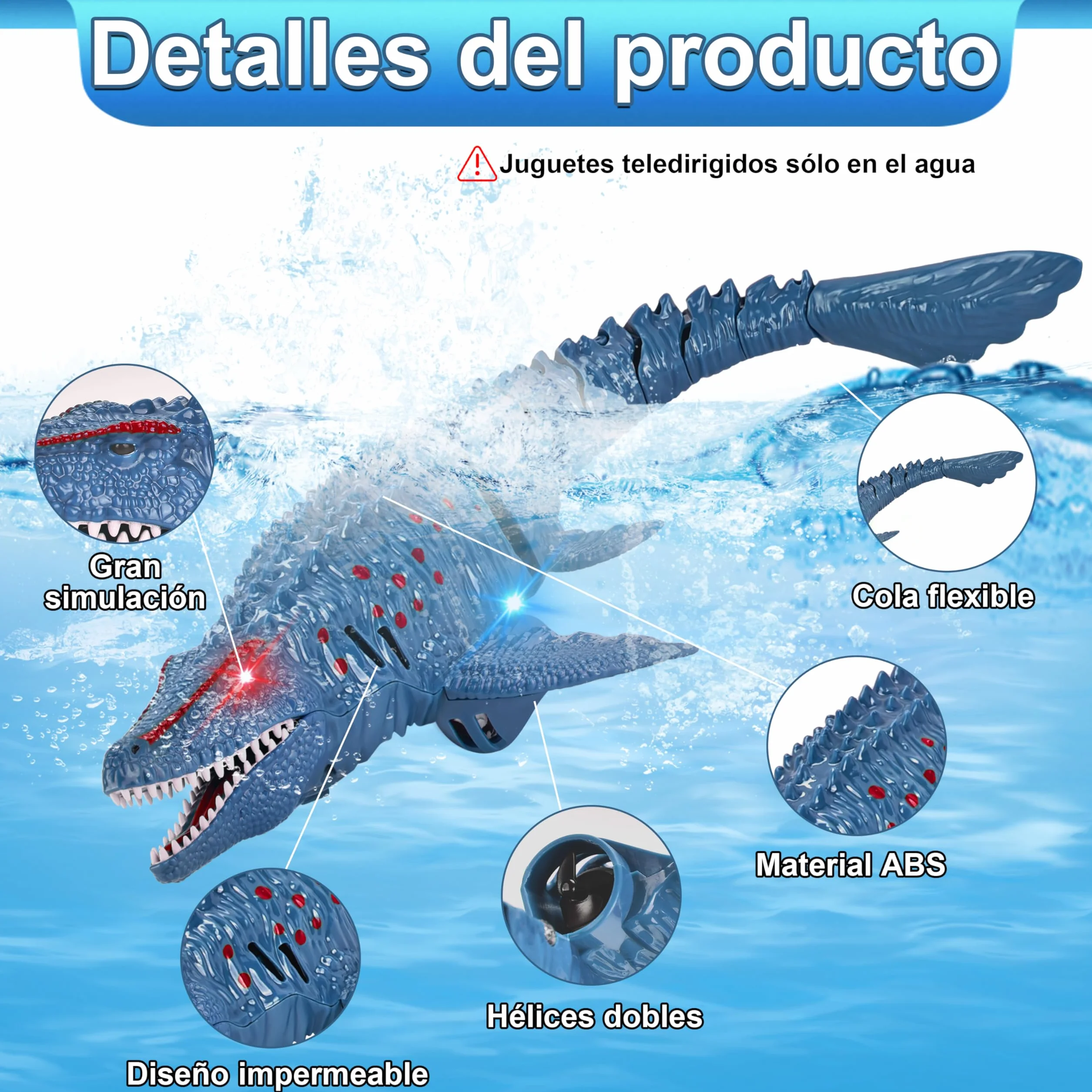 IEEILULU Barcos Teledirigido RC Mosasauru, 2.4GHz Barco Tiburón Dinosaurio Eléctrico con Luces y USB, Juguete Acuático Teledirigido, Regalo para Niños Mayores de 8+ Años Piscina y Lagos (Azul)