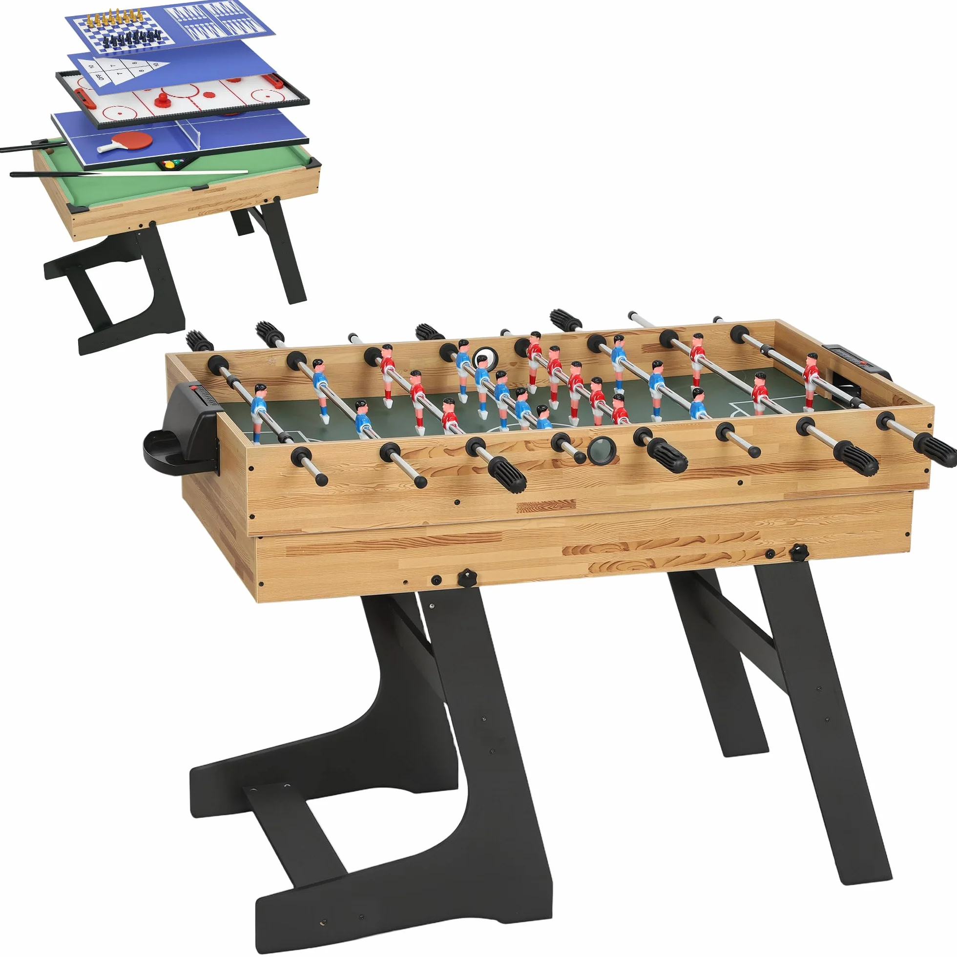 SPORTNOW Mesa Multijuegos Plegable 13 en 1, Mesa de Juego con Futbolines para Niños, Billar, Ping-pong, Hockey, Ajedrez, Damas, Backgammon y Accesorios, Diversión Familiar para Adultos y Niños Natural