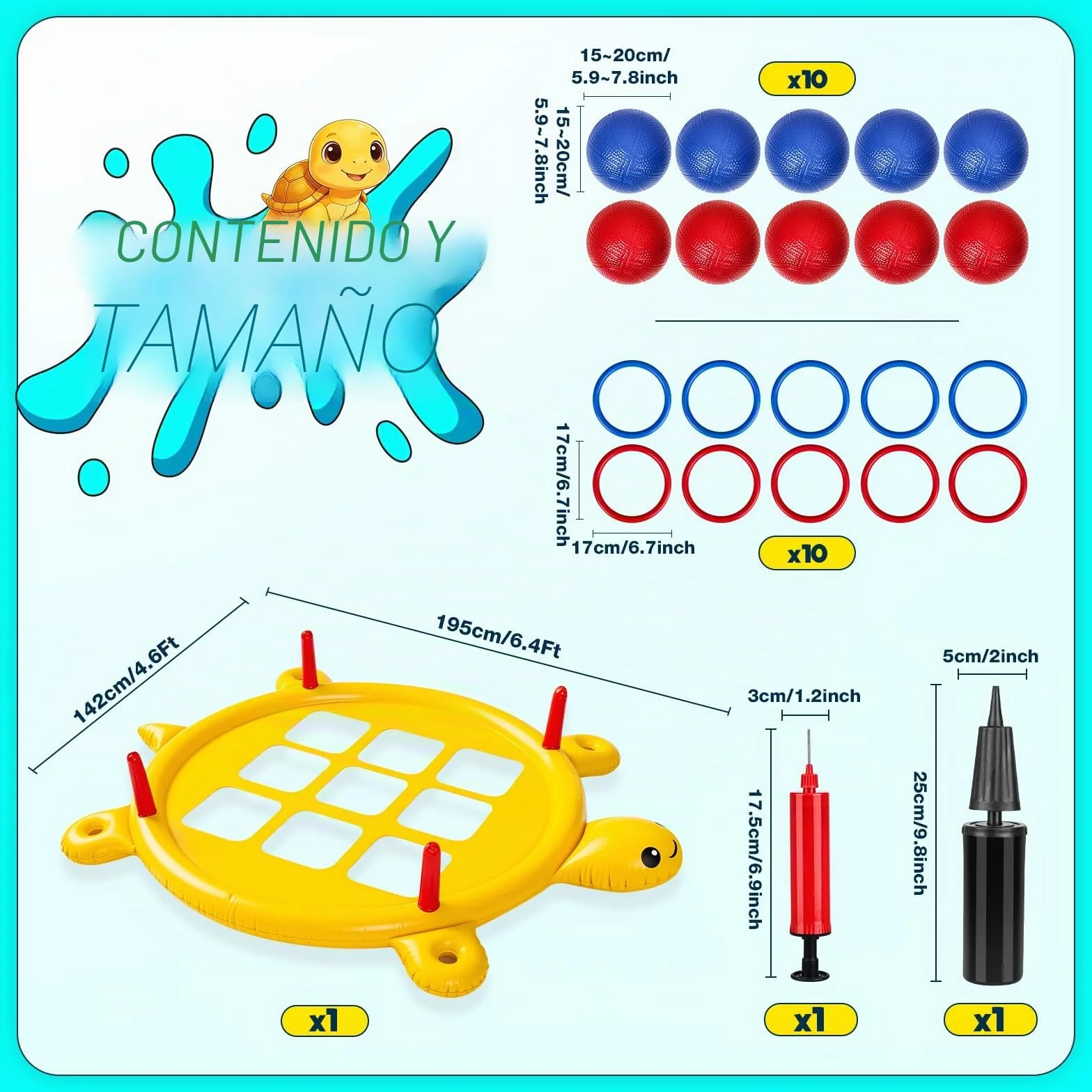 Juego 2 en 1 de Tres en Raya Hinchable con Lanzamiento de Anillas, 10 Pelotas y 10 Anillas, Flotante Gigante con Portavasos