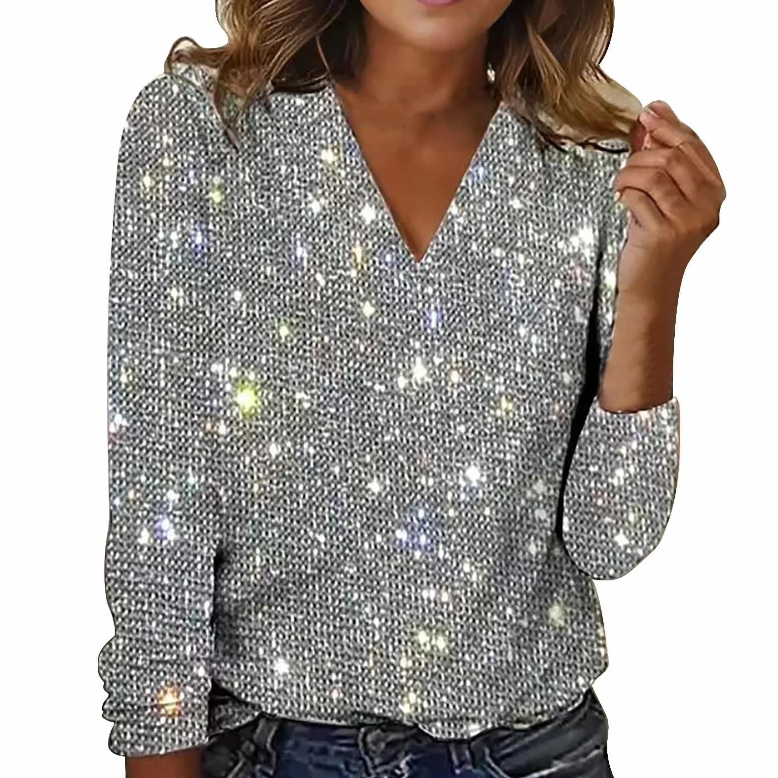 Jersey de lentejuelas para mujer elegante camiseta de fiesta manga larga cuello en V