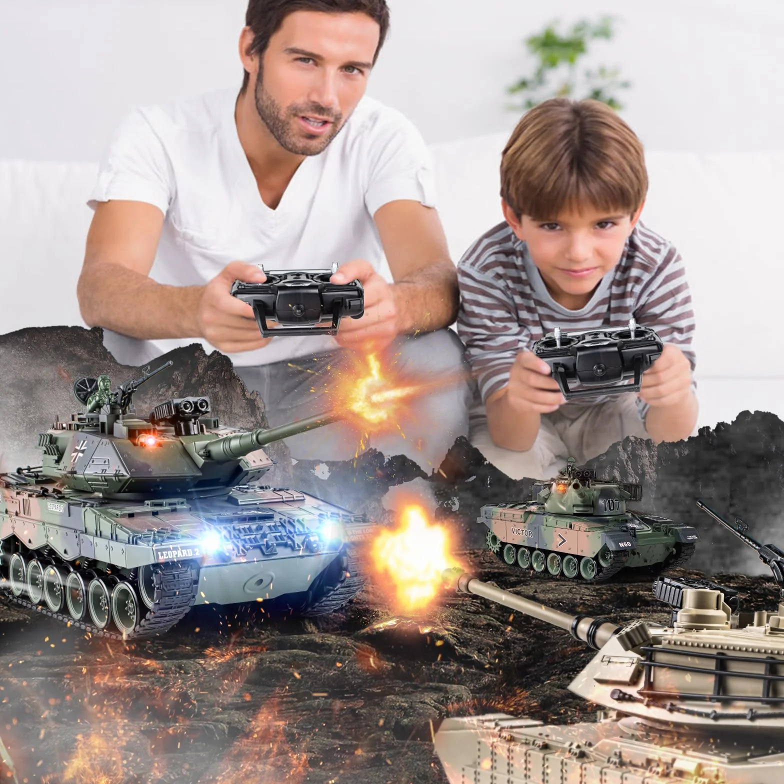 Supdex Tanque RC 1:18 Leopard II, con Luz, Humo y Sonido, Tanque de Juguete Militar a Control Que Dispara BBS y Bombas de Agua, Tanque Teledirigido Adulto y para Niños con Mando 2.4GHz