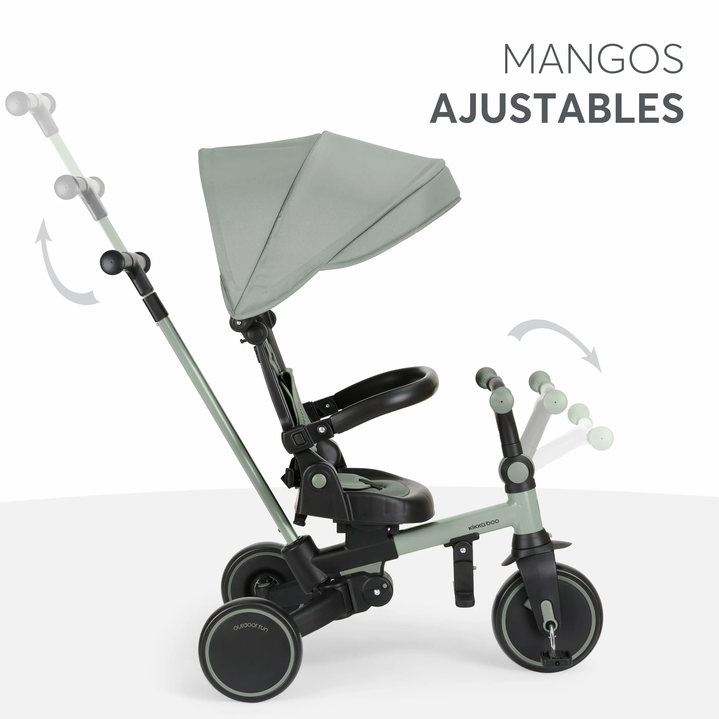 KikkaBoo Triciclo Evolutivo ALUMA 8 en 1, Triciclo Bebé Plegable con Manillar Padres, Asiento Reversible, Capota Ajustable, Arnés 5 Puntos, Marco Aluminio, Verde