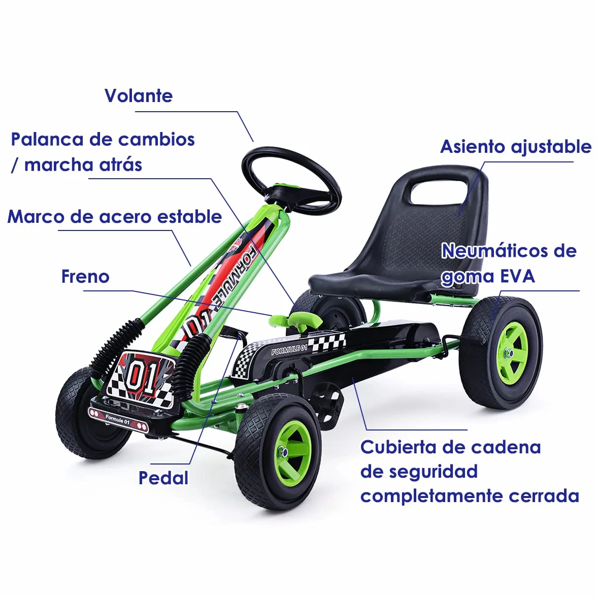 COSTWAY Go Kart Racing para Niños Coche de Pedal Asiento Ajustable con Ruedas de Goma Embrague y Freno Infantil Juguete (Verde)