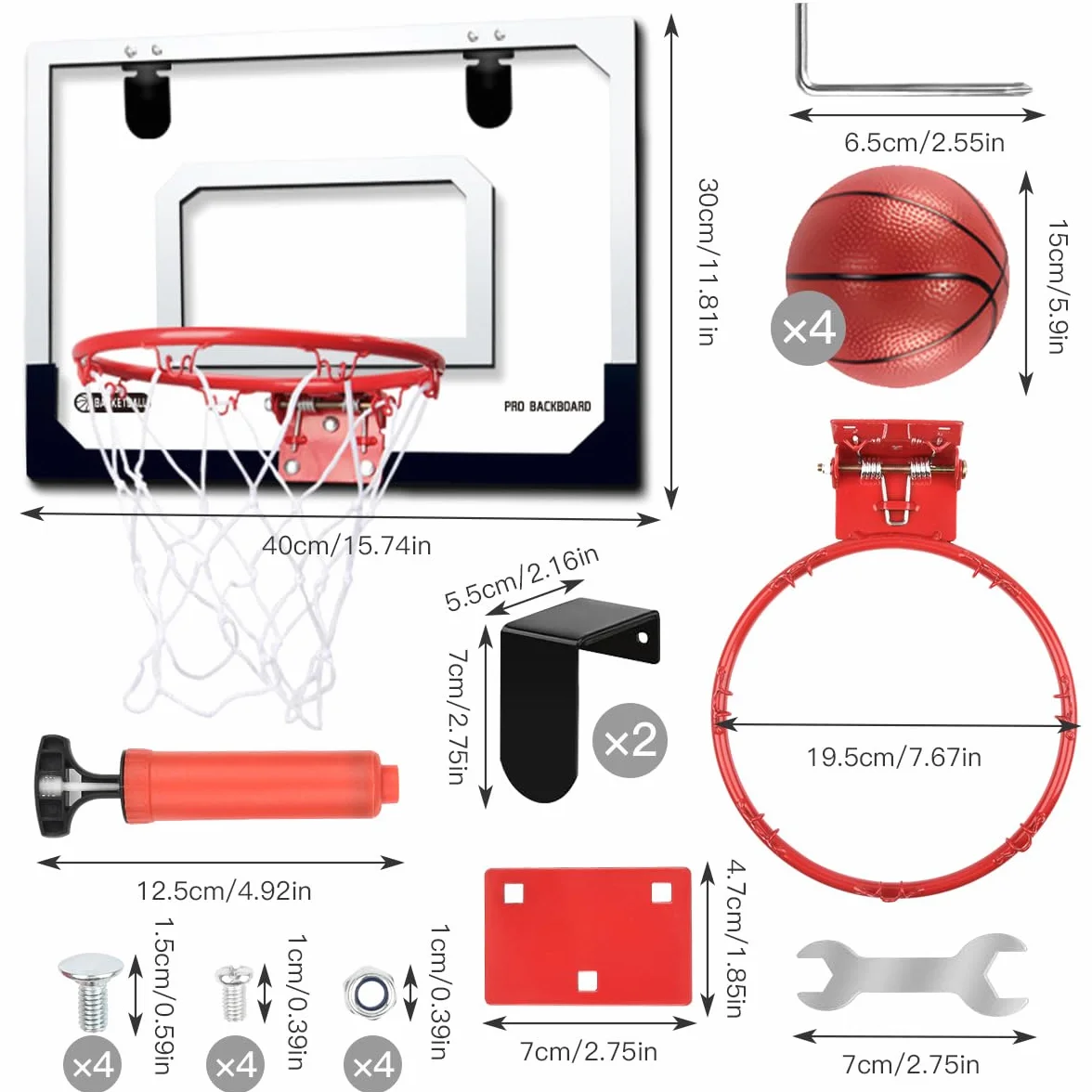 Canasta Baloncesto Infantil, Canasta Baloncesto Interior, Mini Canasta Baloncestos Habitacion con 4 Pelotas y Bomba, Canasta Baloncestos Exterior Pared para 5 años+ Niño y Adultos - Rojo