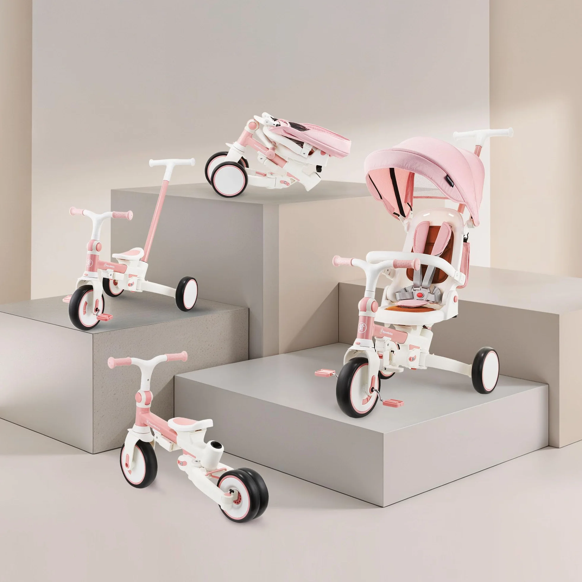 HyperMotion Triciclo Evolutivo 8 en 1 Rosa – Triciclo Bebe Plegable y Reclinable con Asiento 360° y Capota – Arnés, Barra de Empuje – Trike para Niñas de 1 a 5 Años