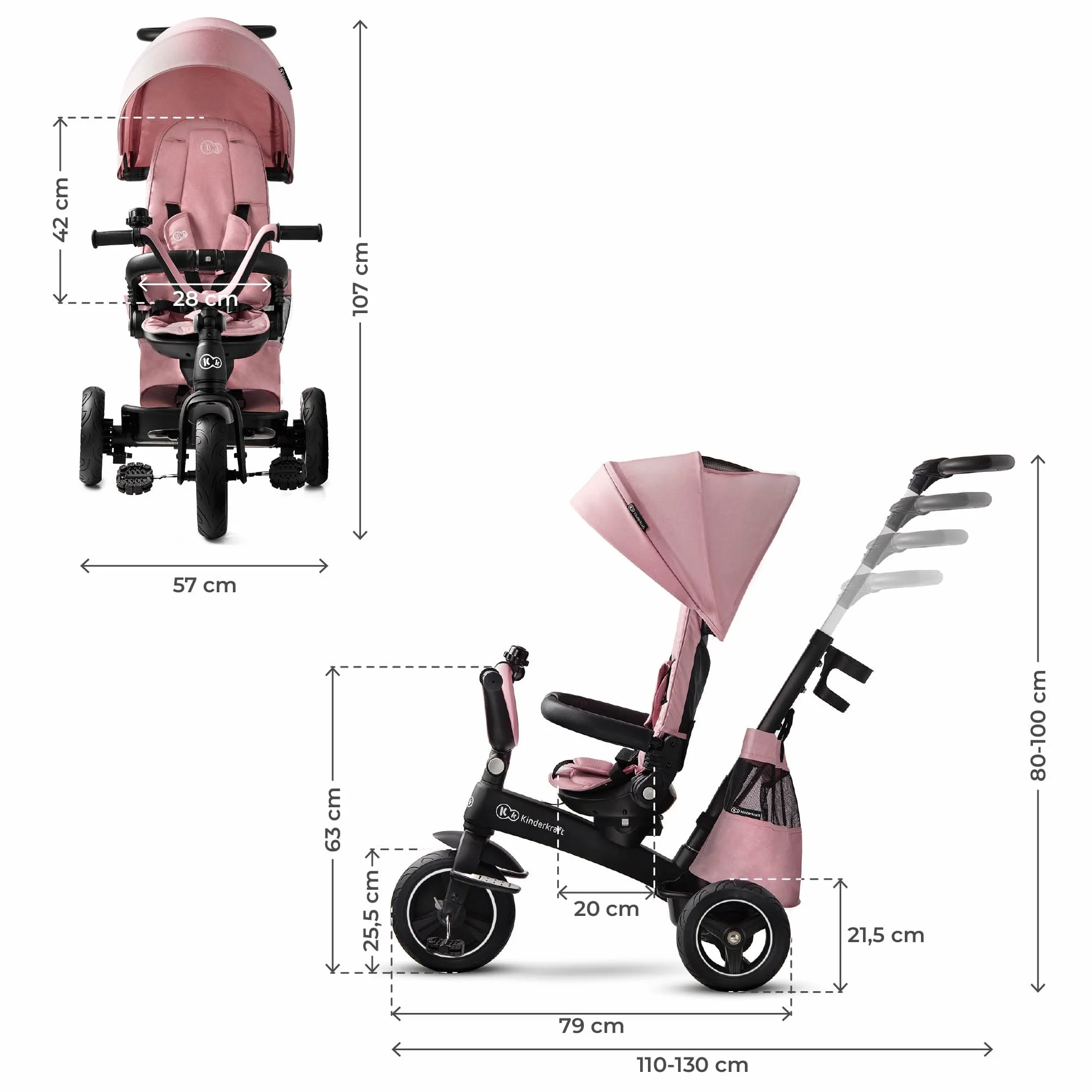 Kinderkraft EASYTWIST Triciclo Infantil, con Accesorios, Ventana de Techo, Cinturones de Seguridad, rotación de 360 Grados, Rueda Libre, Barra de Empuje, a Partir de 9 Meses hasta 5 años, Rosa