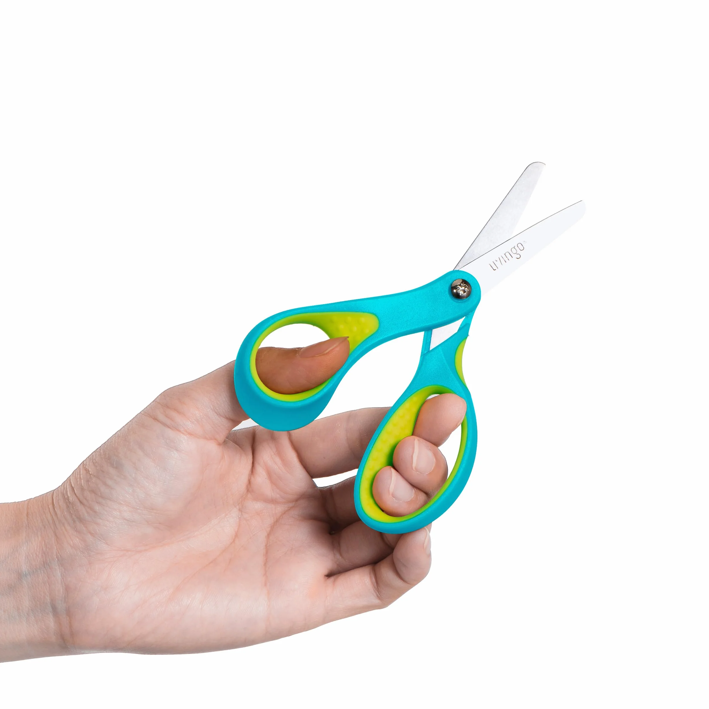 LIVINGO Tijeras para zurdos, 12,7 cm, punta roma, acero inoxidable, tijeras de seguridad para niños, niños pequeños, aulas, papel de manualidades, amarillo, rosa, azul, paquete de 3