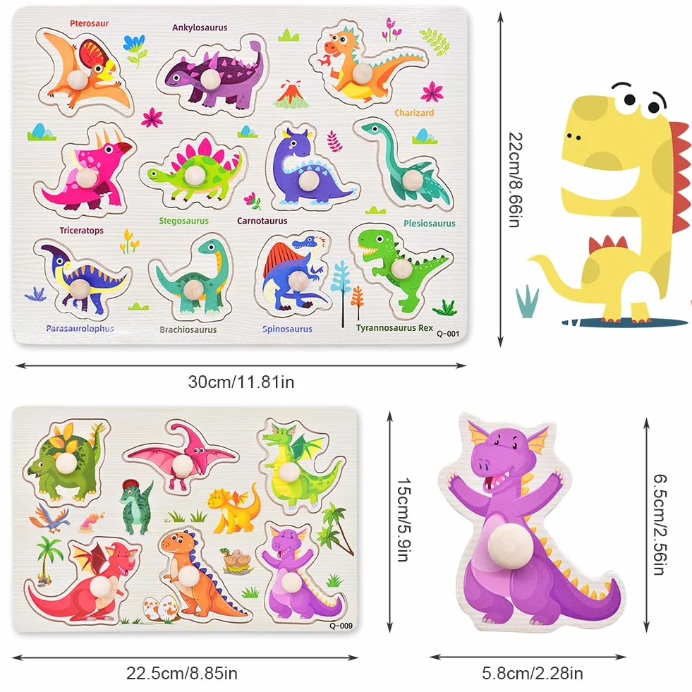 Dinosaurios Puzzle de Madera, Dinosaurios Rompecabezas de Madera Juegos, Puzzle Madera Infantil, Motricidad Fina y Concentración, Juguetes Bebes Educativos Regalos para Niños Niñas