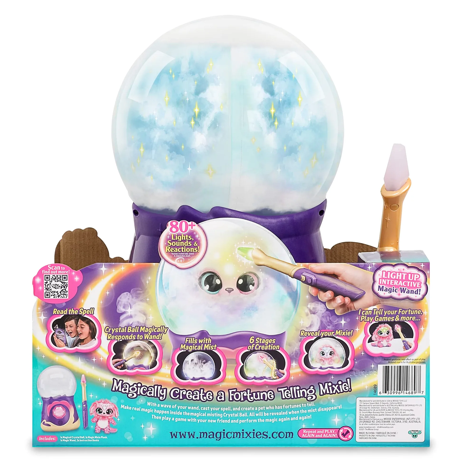 Magic Mixies My Crystal Ball Pink, Juguete Interactivo de Magia, Bola de Cristal mágica con Luces, Efectos y Sonidos, y un muñeco de Peluche Suave para cuidar, con Accesorios, Famosa (MGX05000)