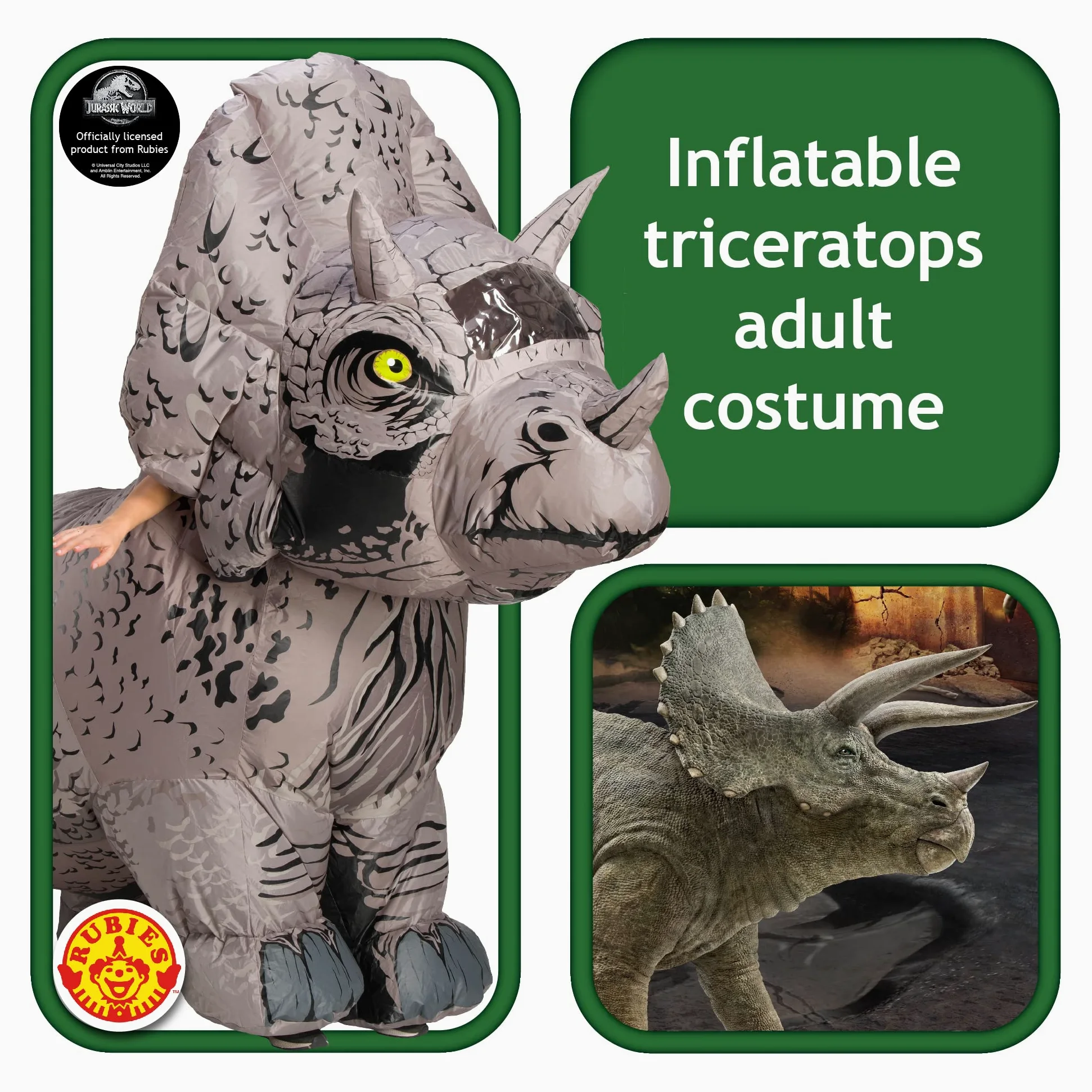 Rubies Disfraz oficial de dinosaurio inflable de Jurassic World Triceratops para adultos, talla única para Halloween