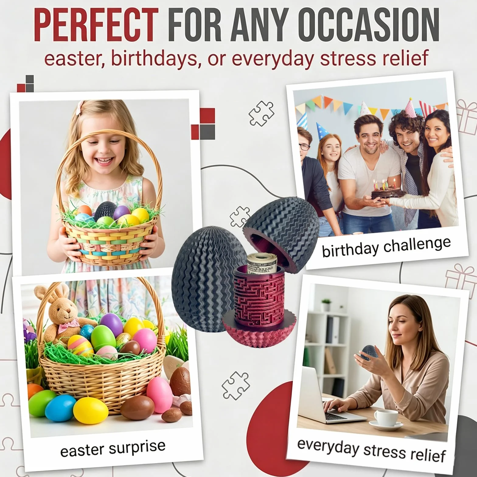 Caja de rompecabezas ovalada con laberinto, caja de almacenamiento con forma de huevo de Pascua, caja misteriosa 3D para dinero y regalos (negro-rojo)