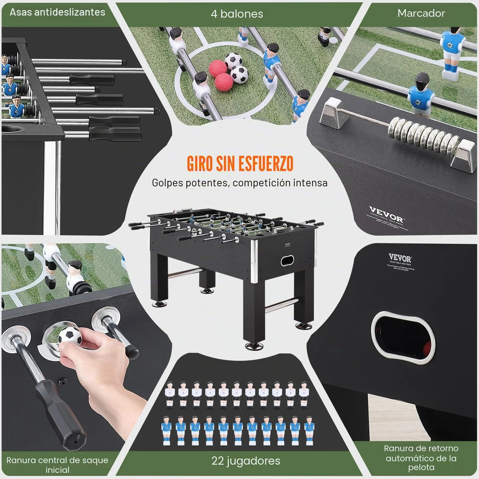 VEVOR SUO-5529L - Juego de fútbol estándar de 55 Pulgadas, tamaño Completo para Interiores, hogar, Familia y Sala de Juegos, Incluye 4 Pelotas y 4 portavasos, Color Negro