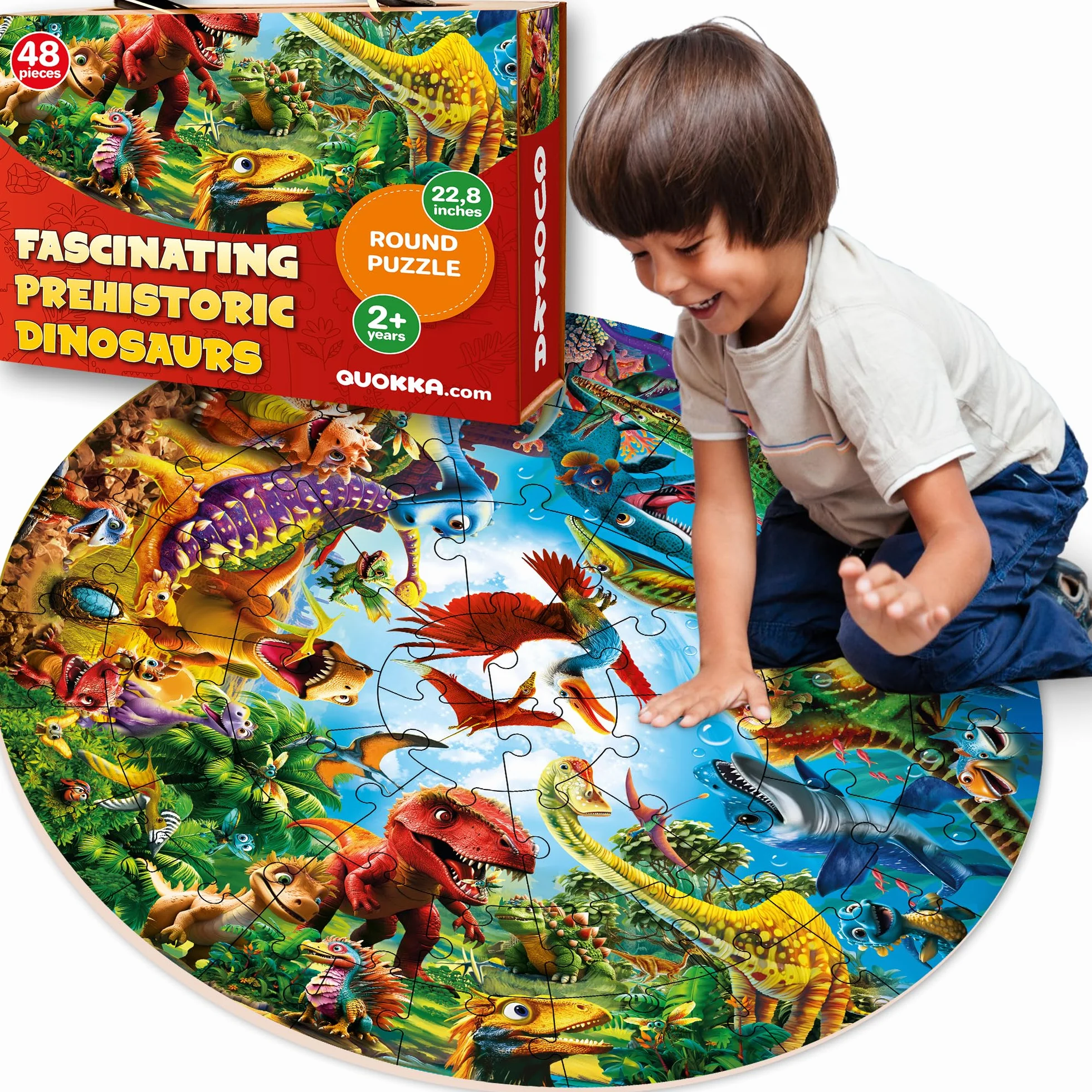 QUOKKA Puzzle Redondo para Niños de 4 a 6 años - Rompecabezas Gigante de 48 Piezas para Niños de 3 a 5 años - Rompecabezas Educativos Grandes de 2 a 4 años - Juego de Actividades Dinosaurios