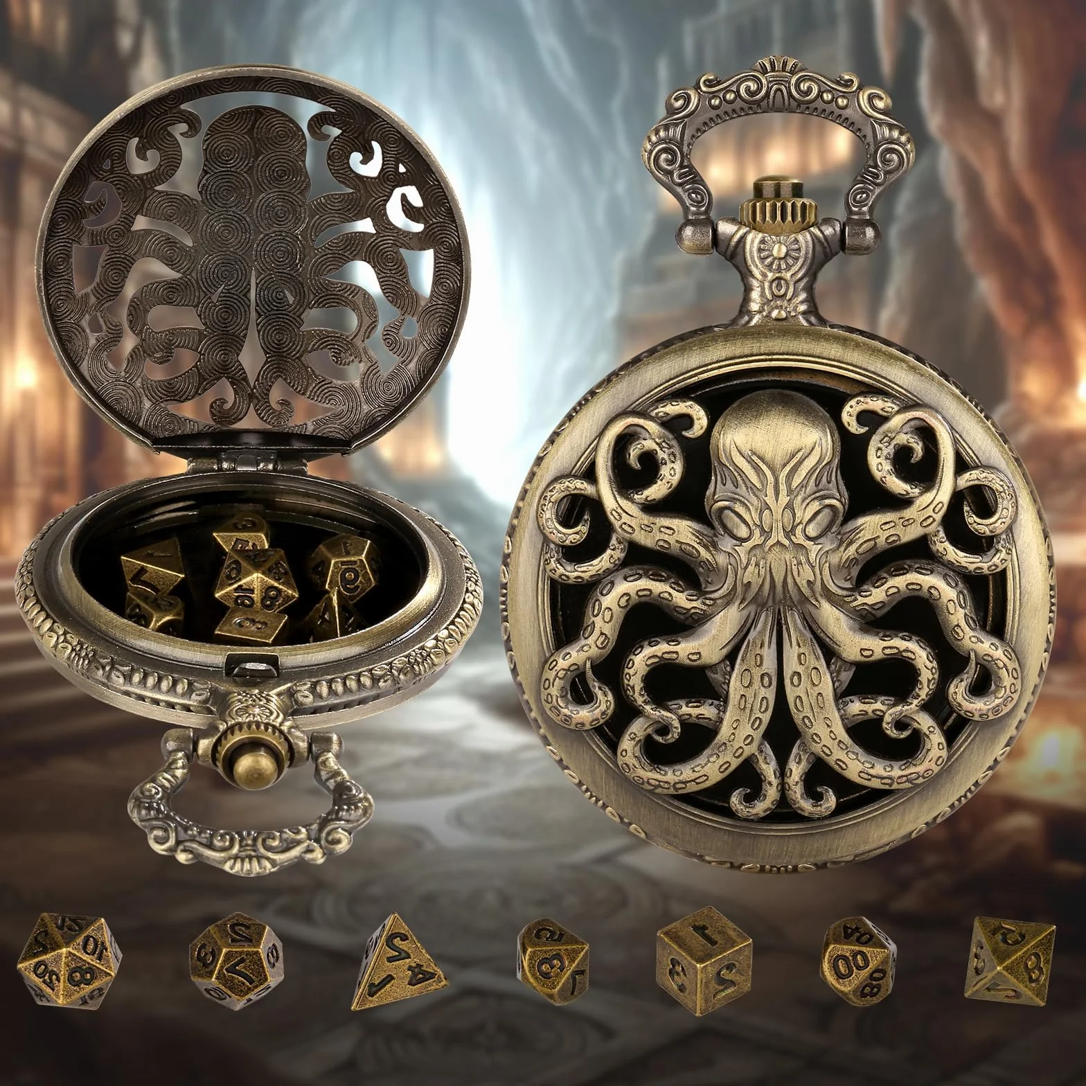 Mini Dados DND con Caja de Reloj de Bolsillo Steampunk Hueco Pulpo - 7 Piezas Poliédrico Metal D&D Juego de Mesa - Bronce