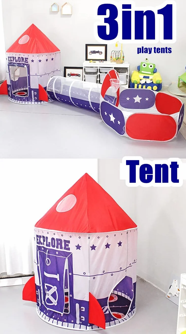 3 en 1 Kids Play Tienda Tunel de rastreo y Bola Hoyo Tienda de Playhouse Infantil con aro de Baloncesto, para Uso Interior y Exterior con Estuche portátil. (Rojo) (Azul Oscuro)